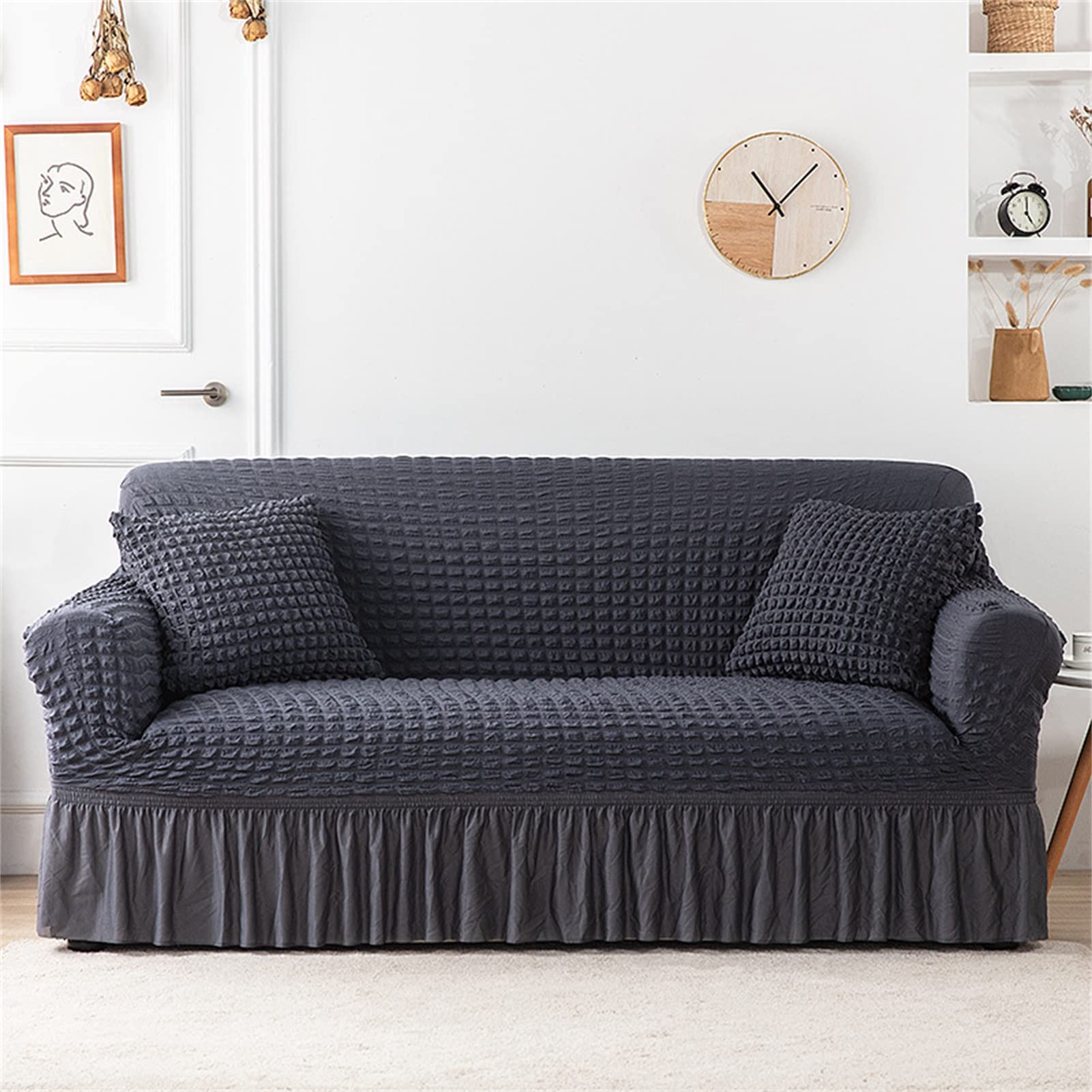 Elastic Seersucker Sofa Cover with Ruffle Skirt - Washable Stretch Couch Slipcover for Armchair Protection, XL Size (Fits Most Couches) - Perfect for Living Room, Bedroom & Home Decor