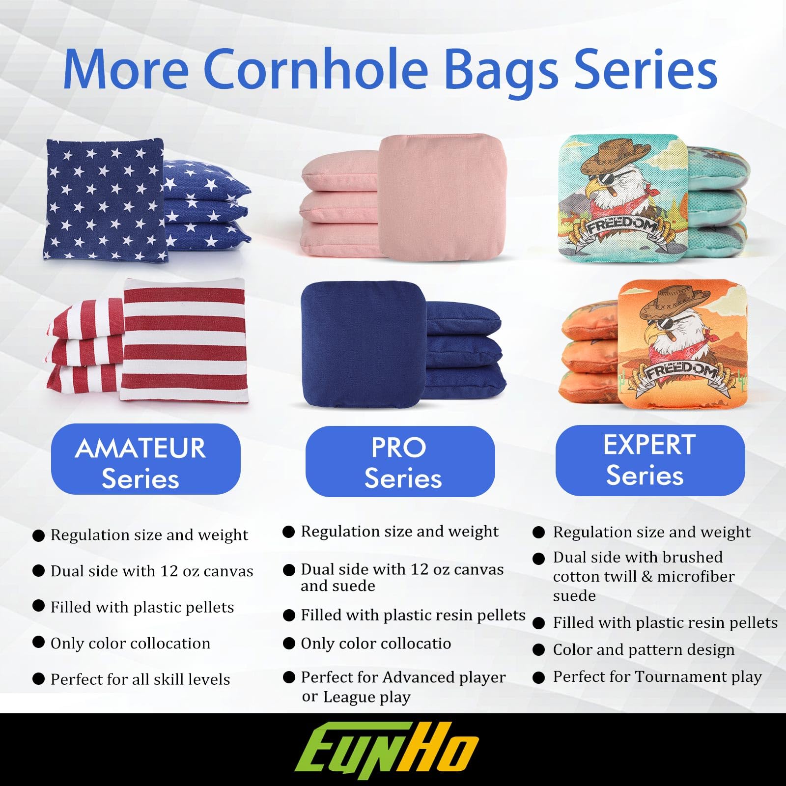 EunHo Professional Regulation Cornhole Bags Set of 8 - Dual Sided Slick & Stick Bean Bags for Outdoor Tossing Games - All Weather Resistant for Backyard, Tailgating & Beach Parties