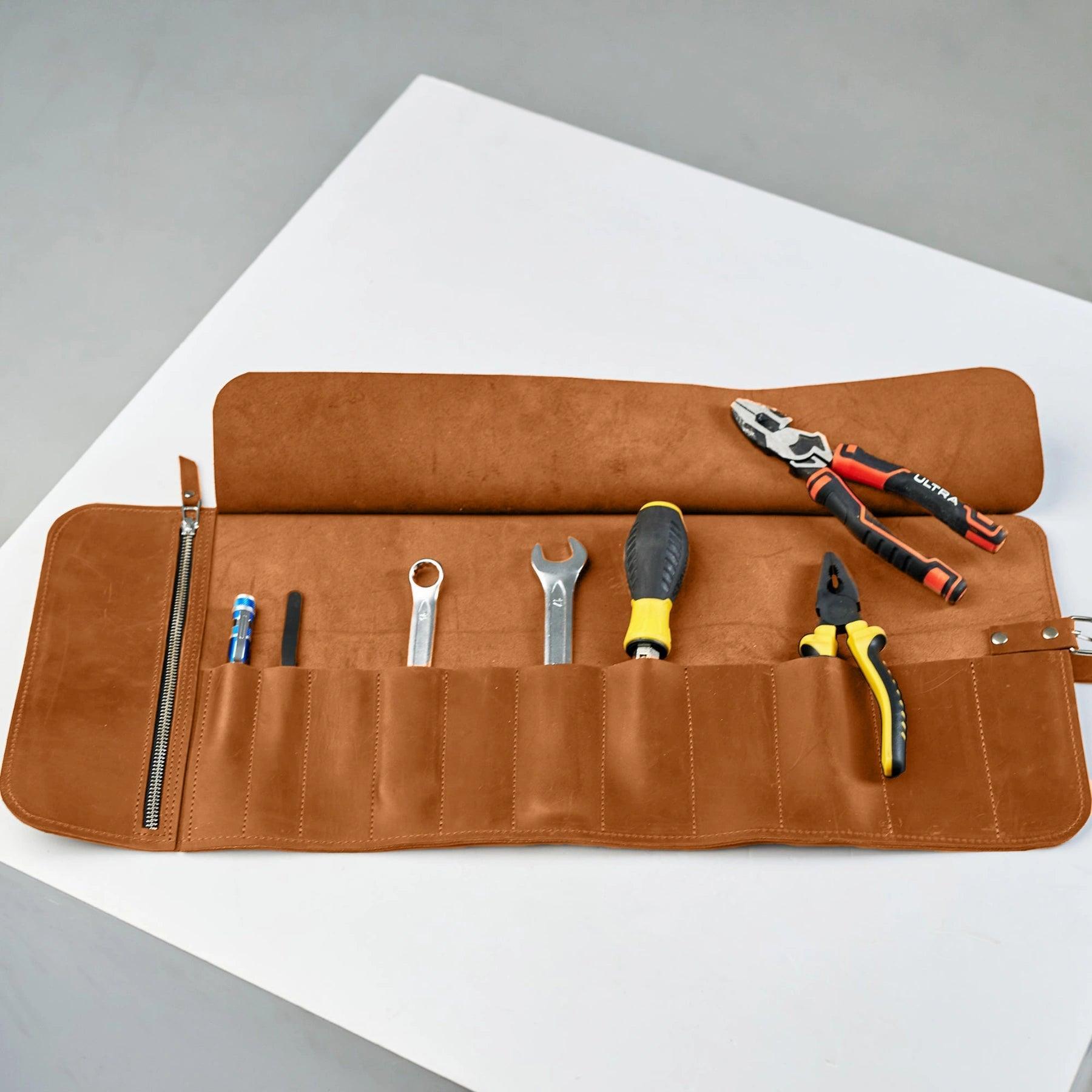 Premium Leather Tool Roll Organizer - Durable & Compact for Wrenches, Screwdrivers & More - Perfect for Mechanics, DIY Enthusiasts & On-the-Go Repairs