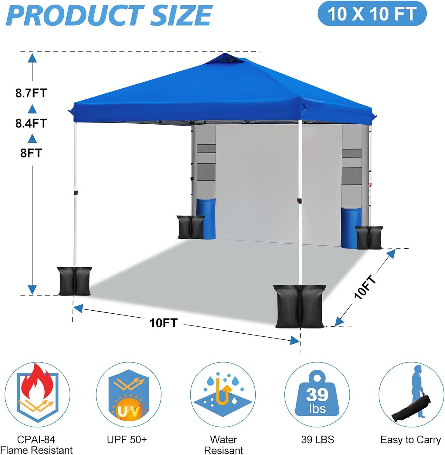 WEIZE 10x10 Pop Up Canopy Tent - Instant One-Button Setup Gazebo with Adjustable Height, 1 Sidewall & 6 Storage Pockets | Includes 4 Weight Bags | Portable Sun Shelter for Outdoor Events, Beach Parties, Camping & Backyard Gatherings | Blue