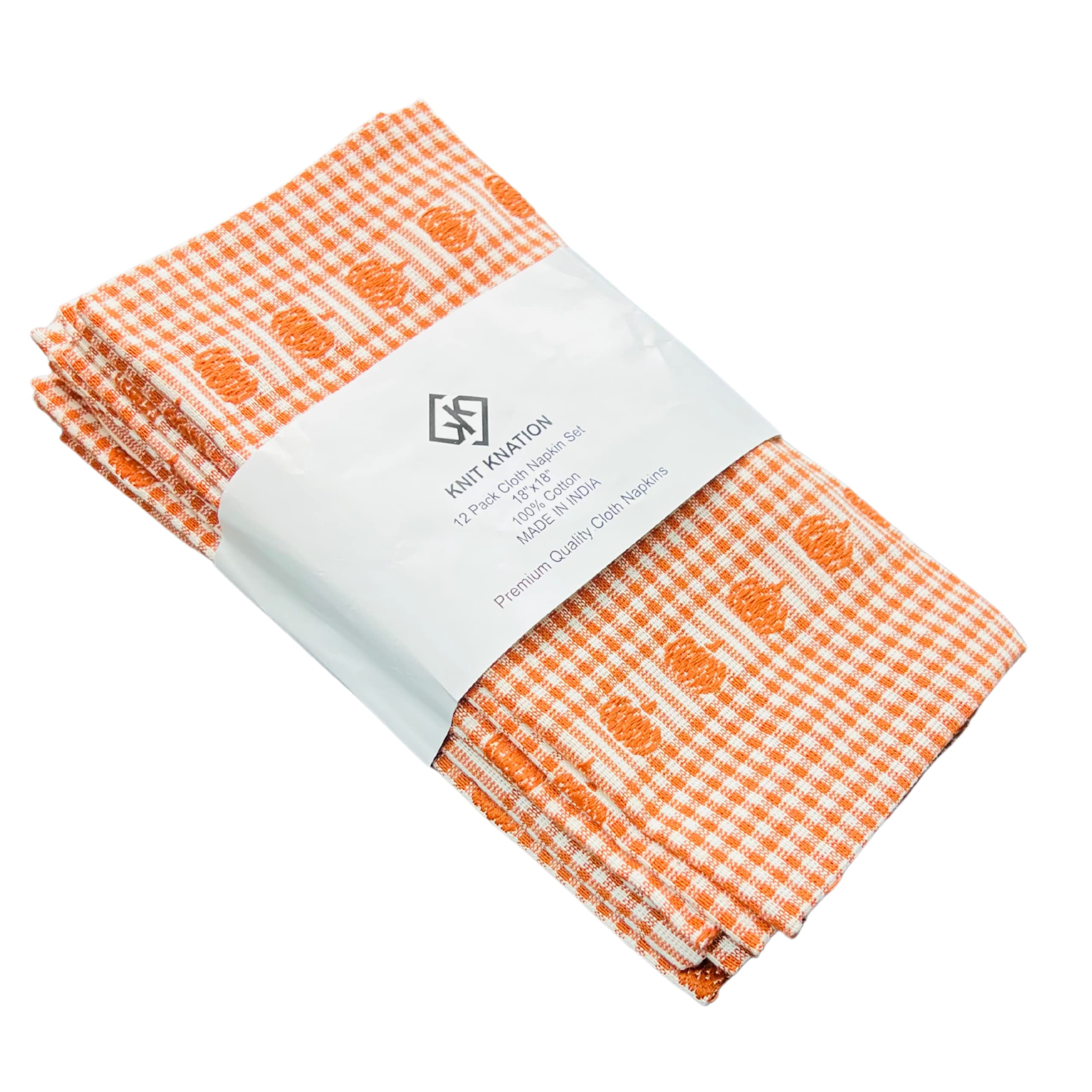 12-Pack Orange Checkered Cotton Dinner Napkins | Eco-Friendly, Washable & Reusable Fabric Napkins for Kitchen, Dining Table & Halloween Parties | Soft Linen Napkin Set for Everyday Meals, Special Occasions & Holiday Decor