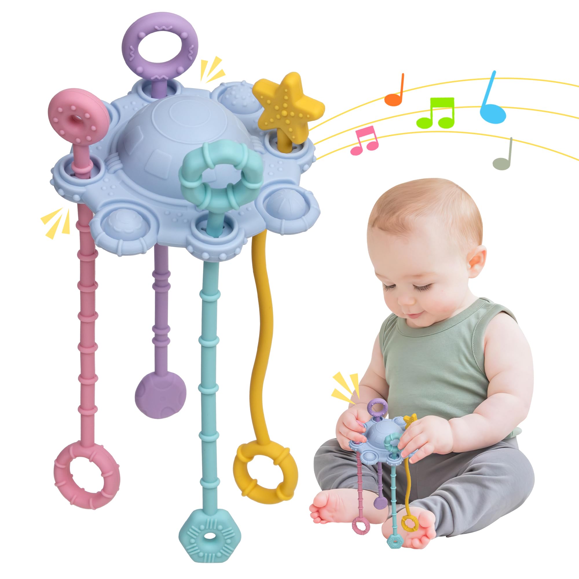 Montessori Pull String Toys for Babies - 100% Food Grade Silicone Baby Teether with Built-in Rattle & Easy to Clean - Safe Infant Developmental Toy for Crawling, Teething & Sensory Play (Blue)