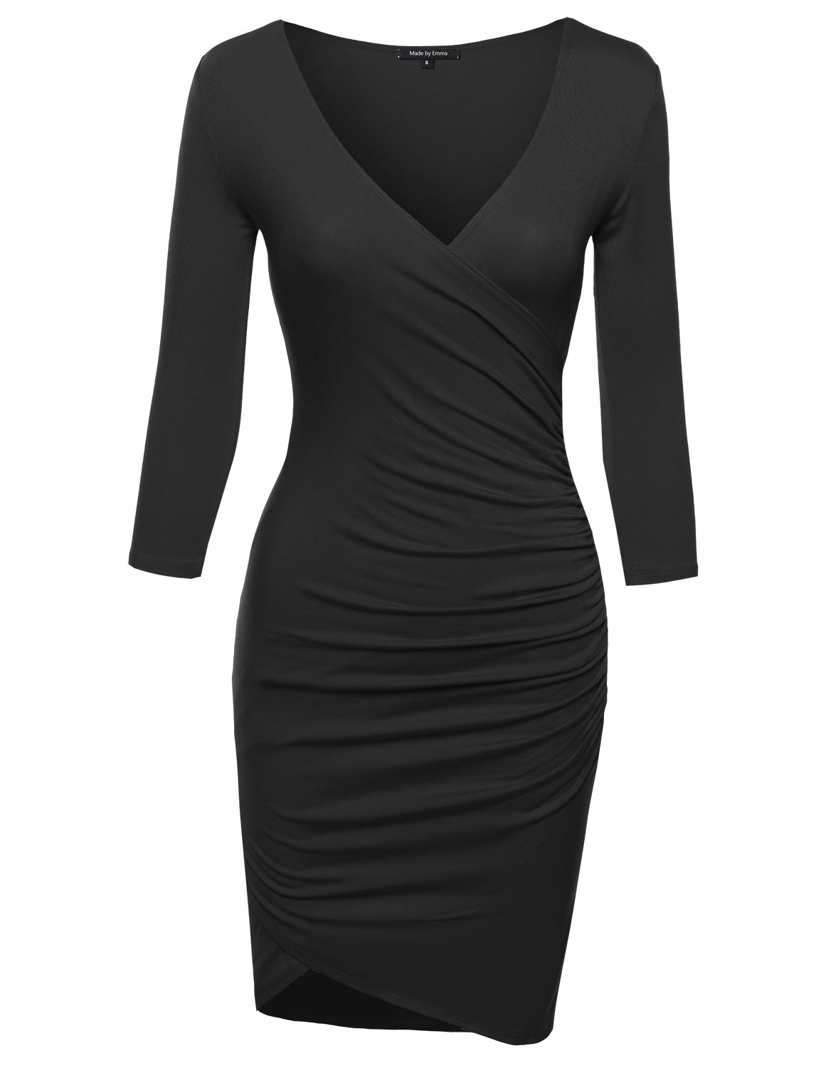 Emma Women's Sexy 3/4 Sleeve Wrap Dress - Slim Fit Bodycon Midi Dress for Date Night, Cocktail Party & Evening Out