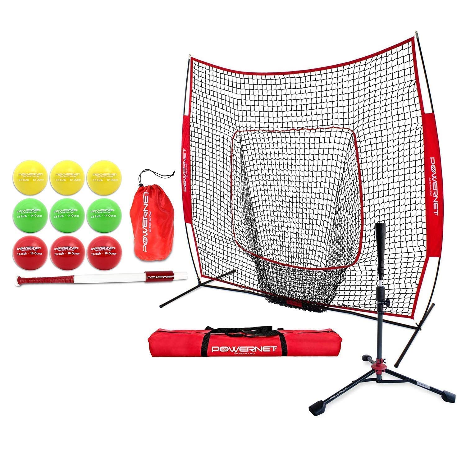 PowerNet Baseball & Softball Training Bundle - 7x7 Net, Deluxe Tee, Sweet Spot Bat & Weighted Balls | Improve Hitting Power & Hand-Eye Coordination | Perfect for Backyard Practice, Team Drills & Batting Cage Training