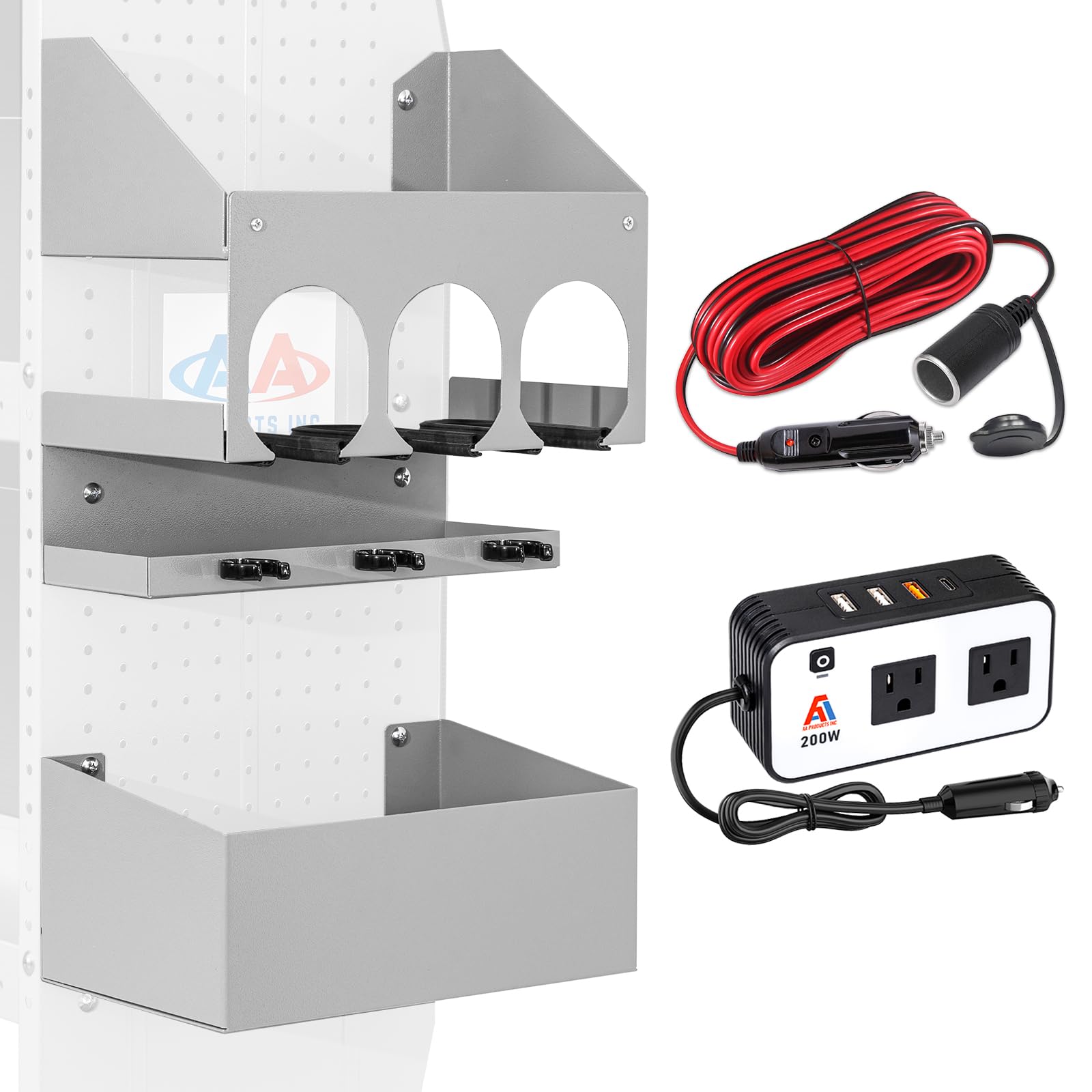 **16.4 Ft Power Tool Organizer Wall Mount with Power Inverter & Cigarette Lighter Extension Cord - 3-Tier 13