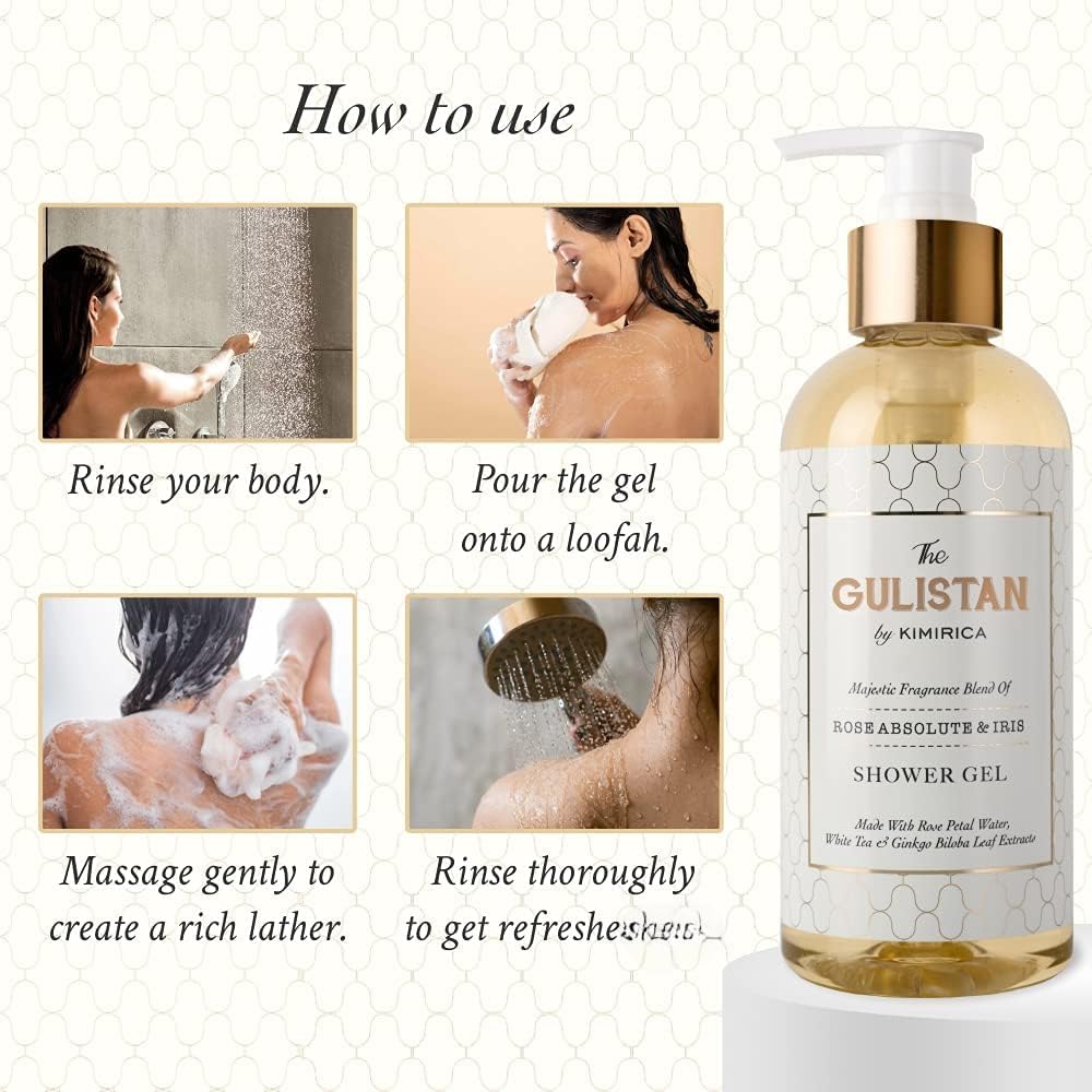 100% Vegan & Paraben-Free Shower Gel with Rose Water & White Tea Extract - 300ml Bottle (Rose Absolute) for Soft Skin & Relaxing Bath Time