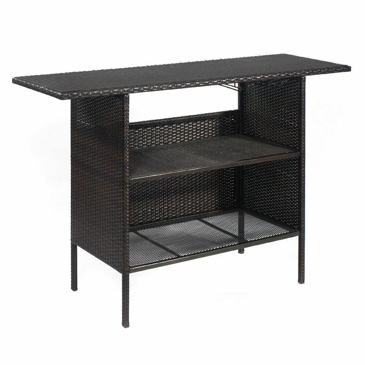 Brown Rattan Wicker Bar Counter Table - Outdoor Patio Garden Furniture with Shelves, Coffee Bar Accessories for Backyard, Deck & Poolside Entertaining