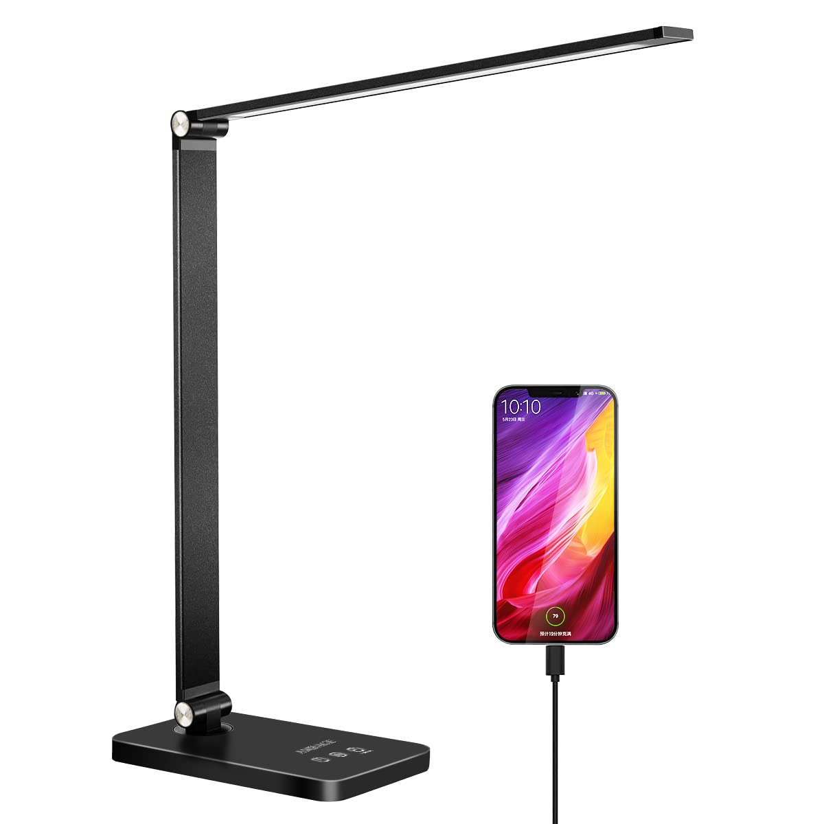 AMBAGE Dimmable LED Desk Lamp with 25 Lighting Modes, USB Charging Port & Touch Control - Adjustable Arm Reading Light for Home Office, Study, Work - Auto Timer & Eye Protection (Black)