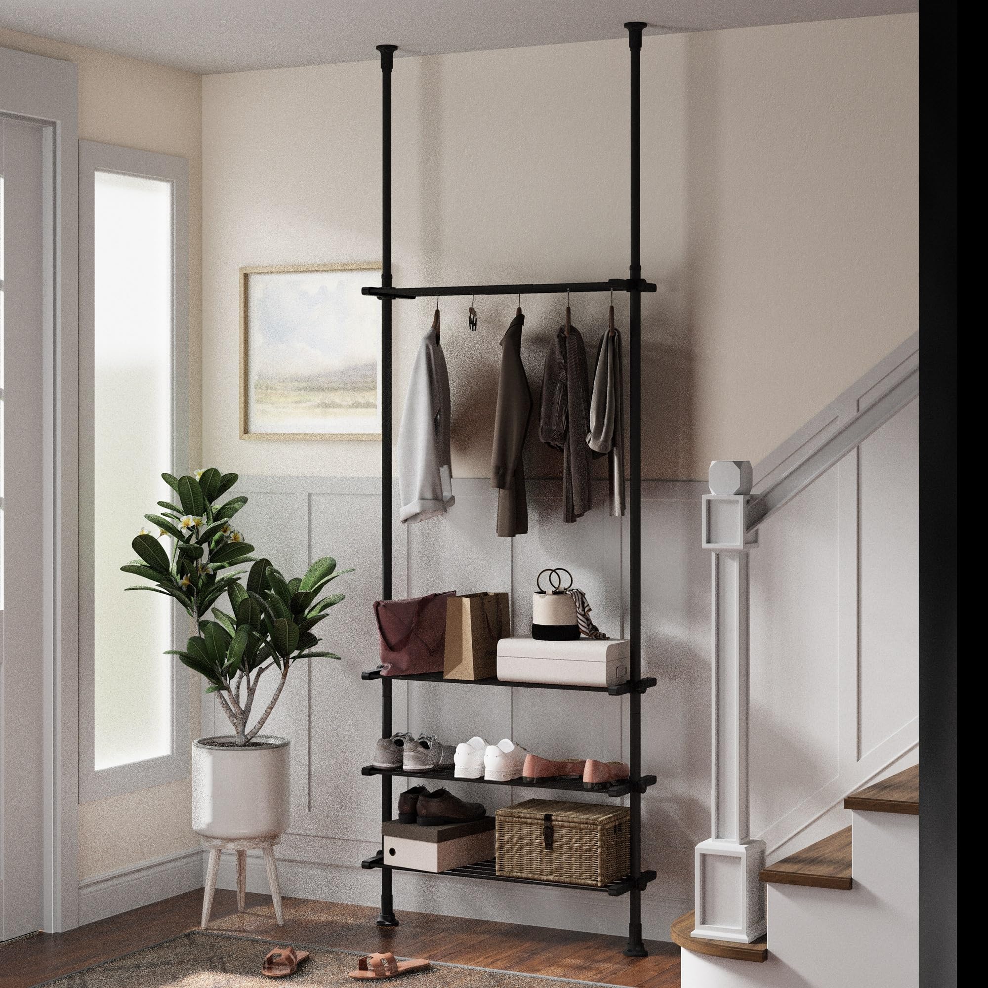 DYN Ptah 4-Tier Over Toilet Bathroom Organizer - Adjustable Floor to Ceiling Storage Rack with Tension Poles & Shelves - Metal Black - Perfect for Small Bathrooms, Apartments & Space-Saving Storage