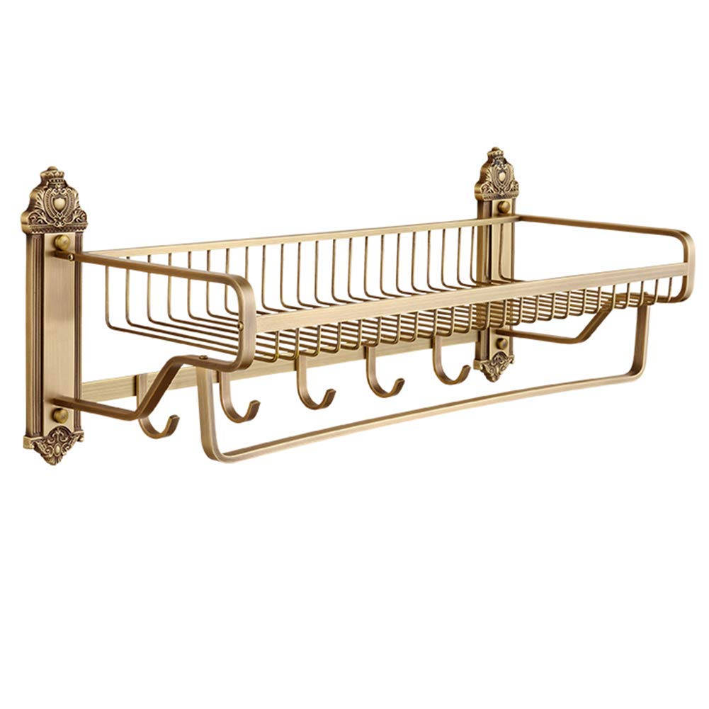 Antique Brass Wall-Mounted Bathroom Shelf & Shower Organizer - European Style Towel Rack (60x23cm) - Space Saving Storage for Bath Towels, Toiletries & Shower Essentials - Perfect for Modern & Vintage Bathroom Decor