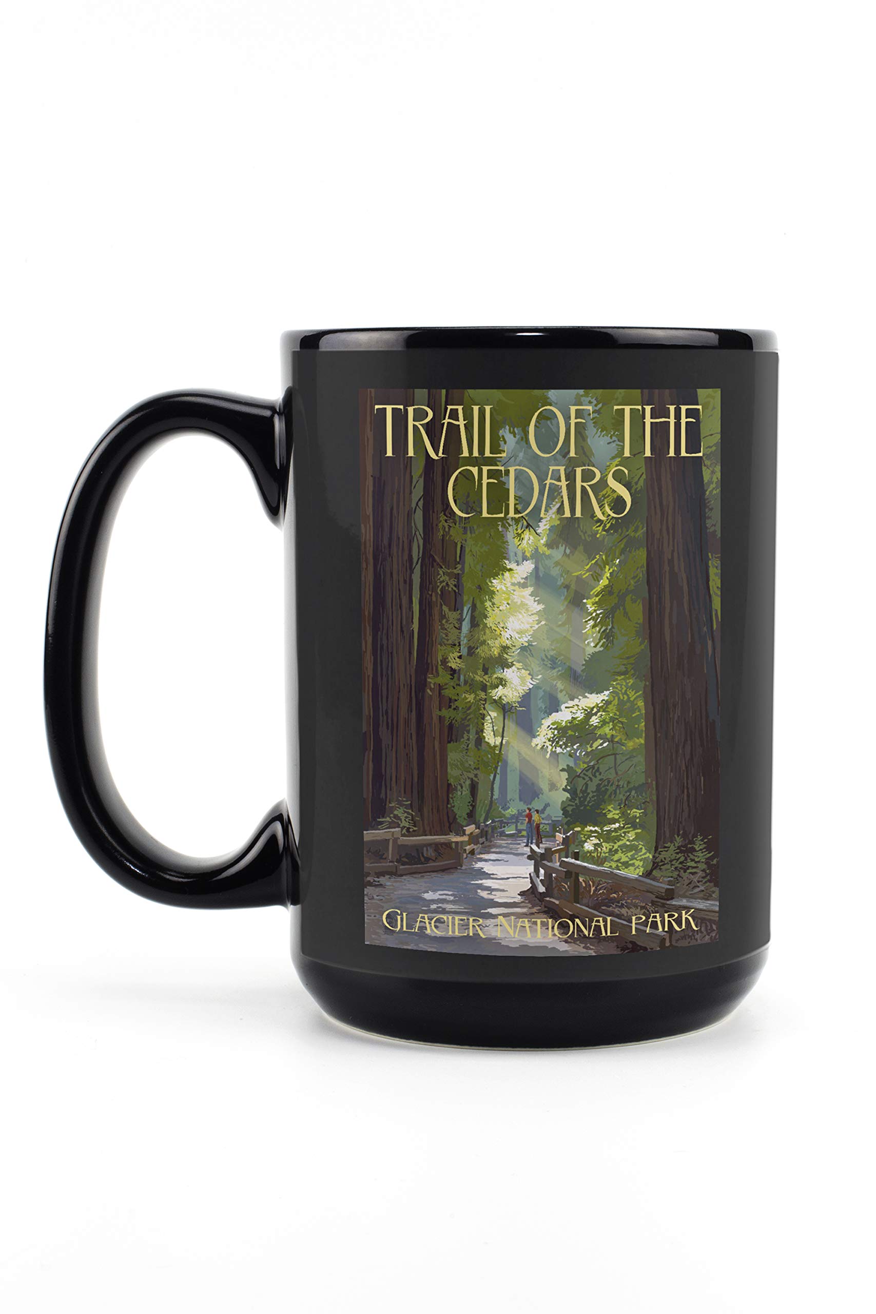 Lantern Press Glacier National Park Montana Trail of the Cedars 15oz Black Ceramic Coffee Mug - Microwave & Dishwasher Safe - Perfect for Camping, Hiking & Outdoor Adventures