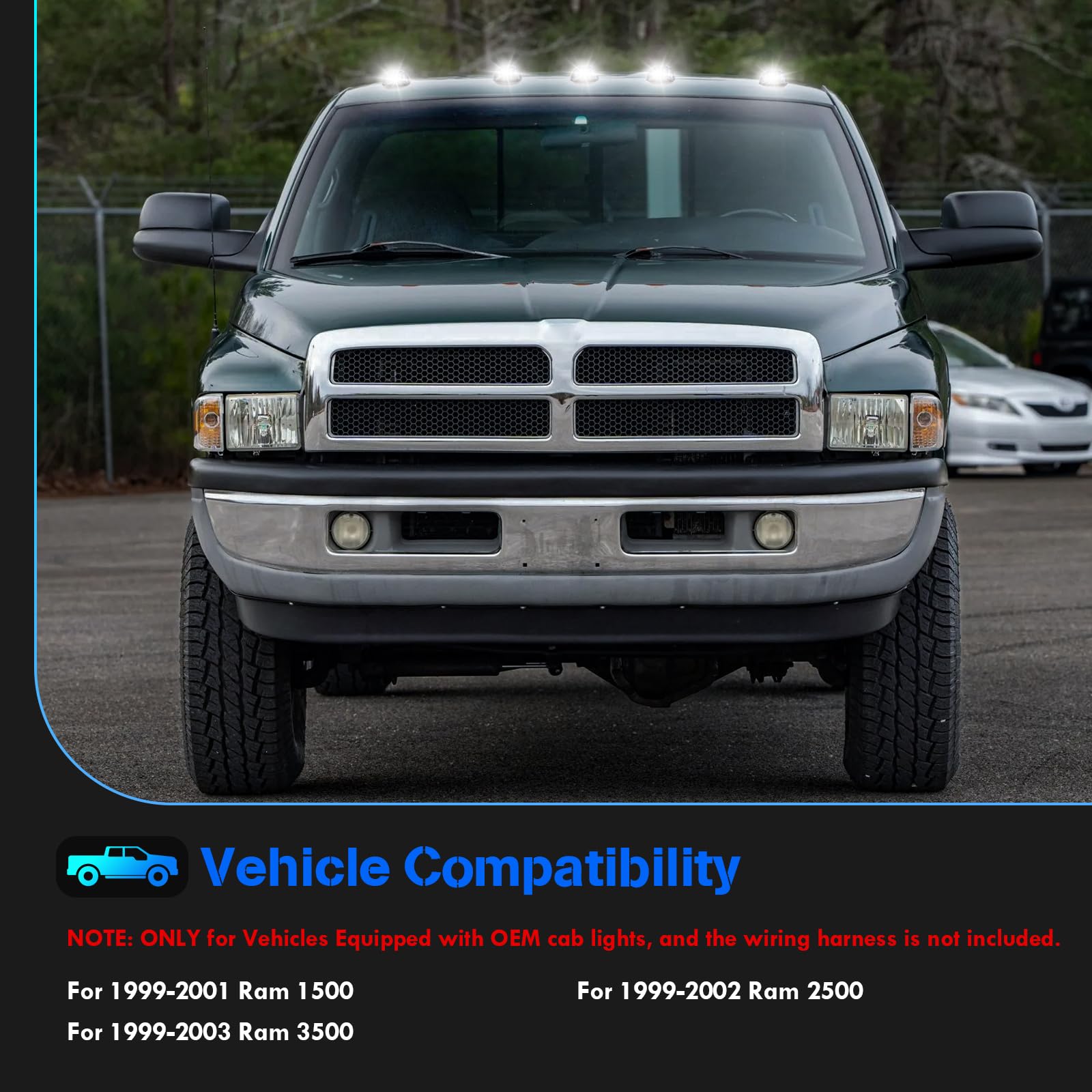 1999-2002 Ram 1500 2500 3500 LED Cab Roof Lights - Smoked Top Cab Clearance Marker Lights Replacement for Dodge Ram Trucks - Perfect for Night Driving & Off-Road Adventures