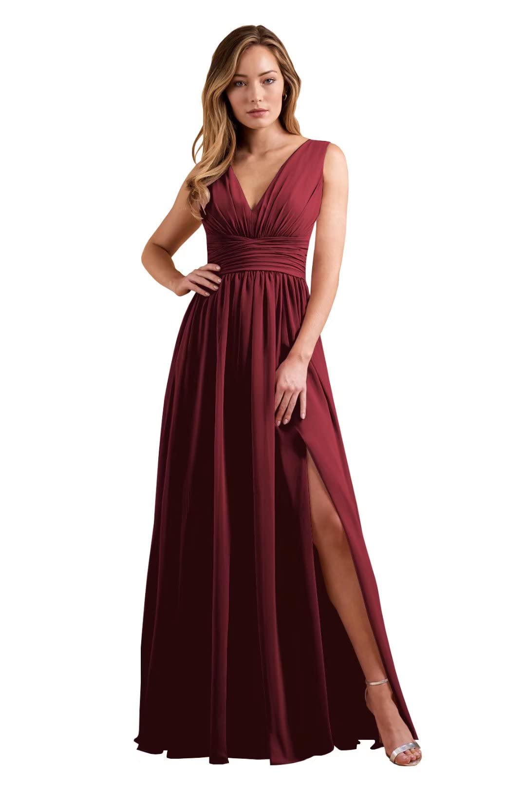 TORYEMY Women's Long Chiffon Bridesmaid Dress with Double V-Neck & High Slit - Elegant Pleated Formal Gown for Weddings, Prom & Evening Parties