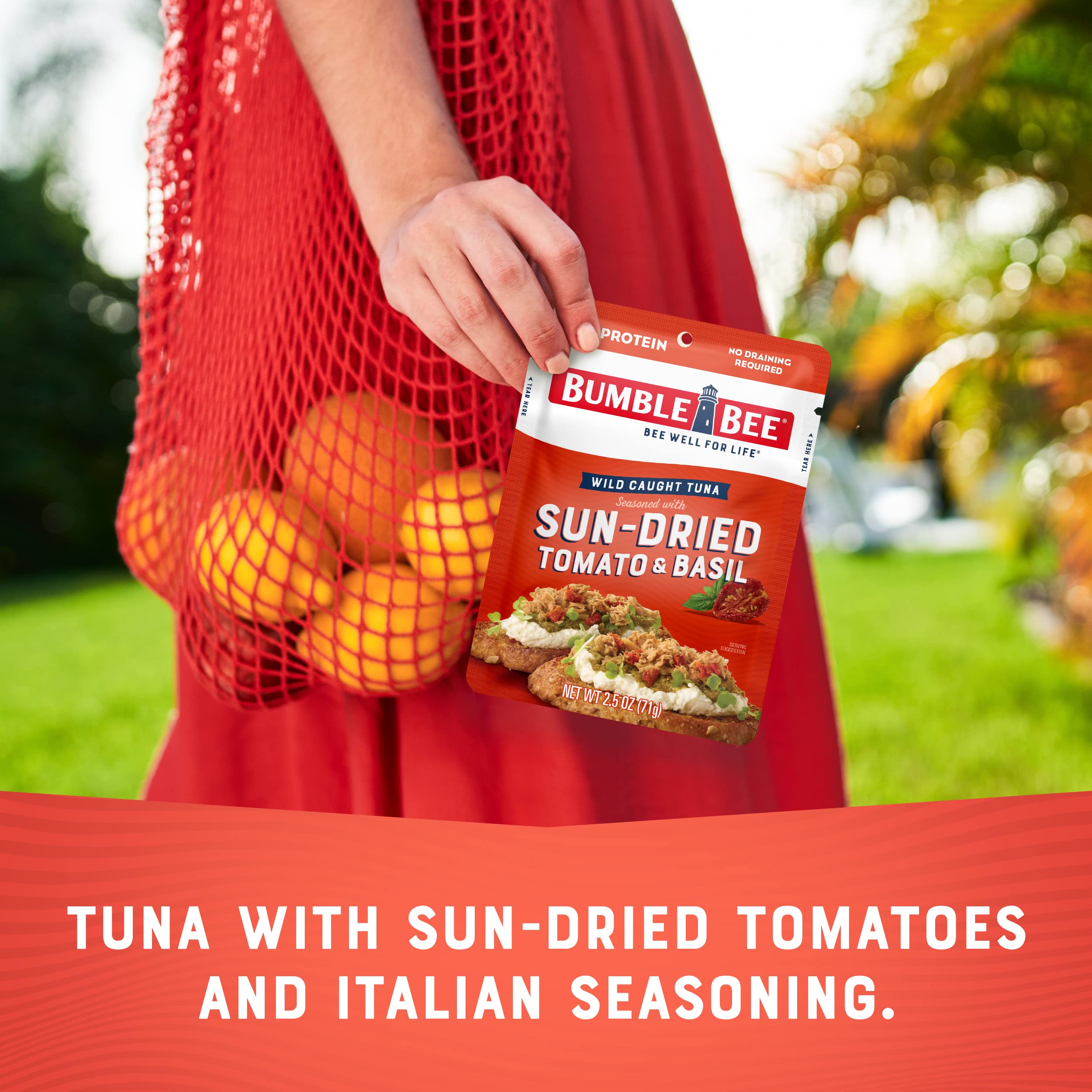 Bumble Bee Sun-Dried Tomato & Basil Seasoned Tuna, 2.5 oz Pouches (Pack of 12) - Wild Caught, Ready to Eat Protein Snack - 15g Protein per Serving - Gluten Free & Keto Friendly - Perfect for Lunch Box, Camping & On-the-Go Meals