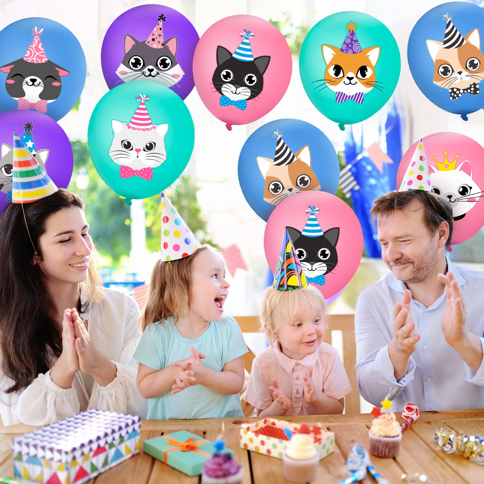 40 Pcs Cat Birthday Party Latex Balloons - Cute Cartoon Kitten Print Balloons for Cat Themed Decorations, Pet Birthday Party Supplies in Blue, Pink, Purple & Green | Perfect for Kitty Birthday Parties, Baby Showers & Animal Lover Events