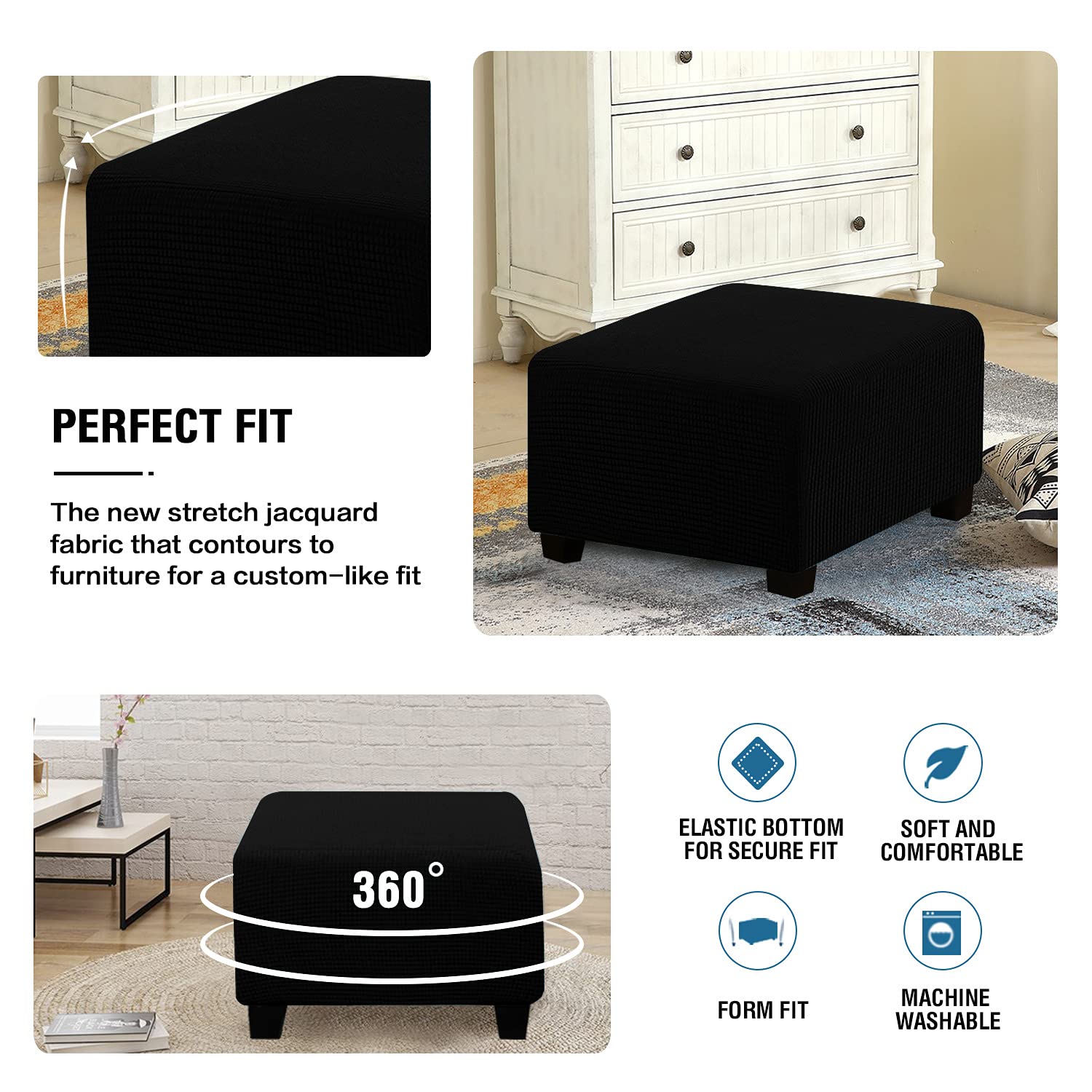XMNTG Stretch Ottoman Slipcover - Jacquard Small Checked Washable Square Folding Storage Stool Cover - Elastic Bottom Furniture Protector & Footrest (Black) - Perfect for Living Room, Bedroom, and Office Decor