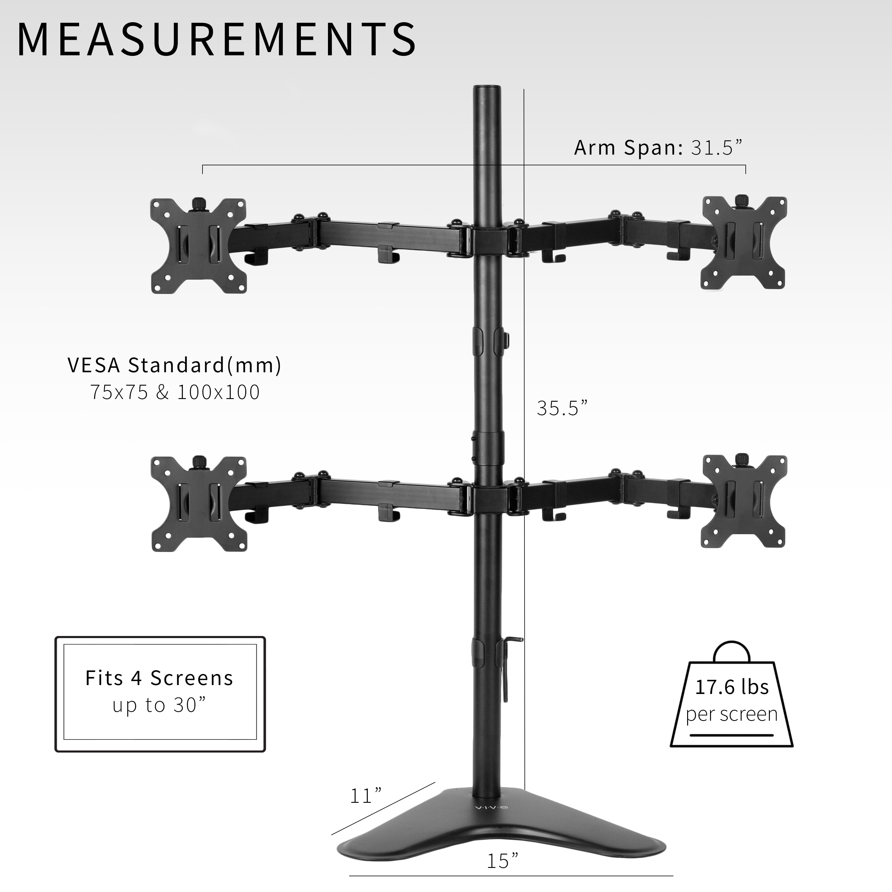 Adjustable Quad Monitor Stand for 13” to 30” Screens - Heavy Duty Desk Mount for 4 Monitors - Perfect for Gaming, Office Work & Multi-Tasking Setup