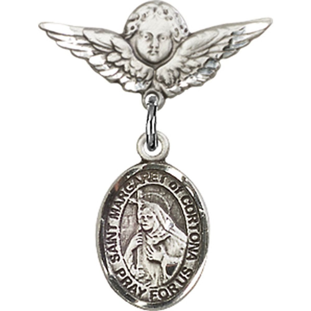 Sterling Silver Baby Badge with St. Margaret of Cortona Charm & Angel Wing Pin - 7/8