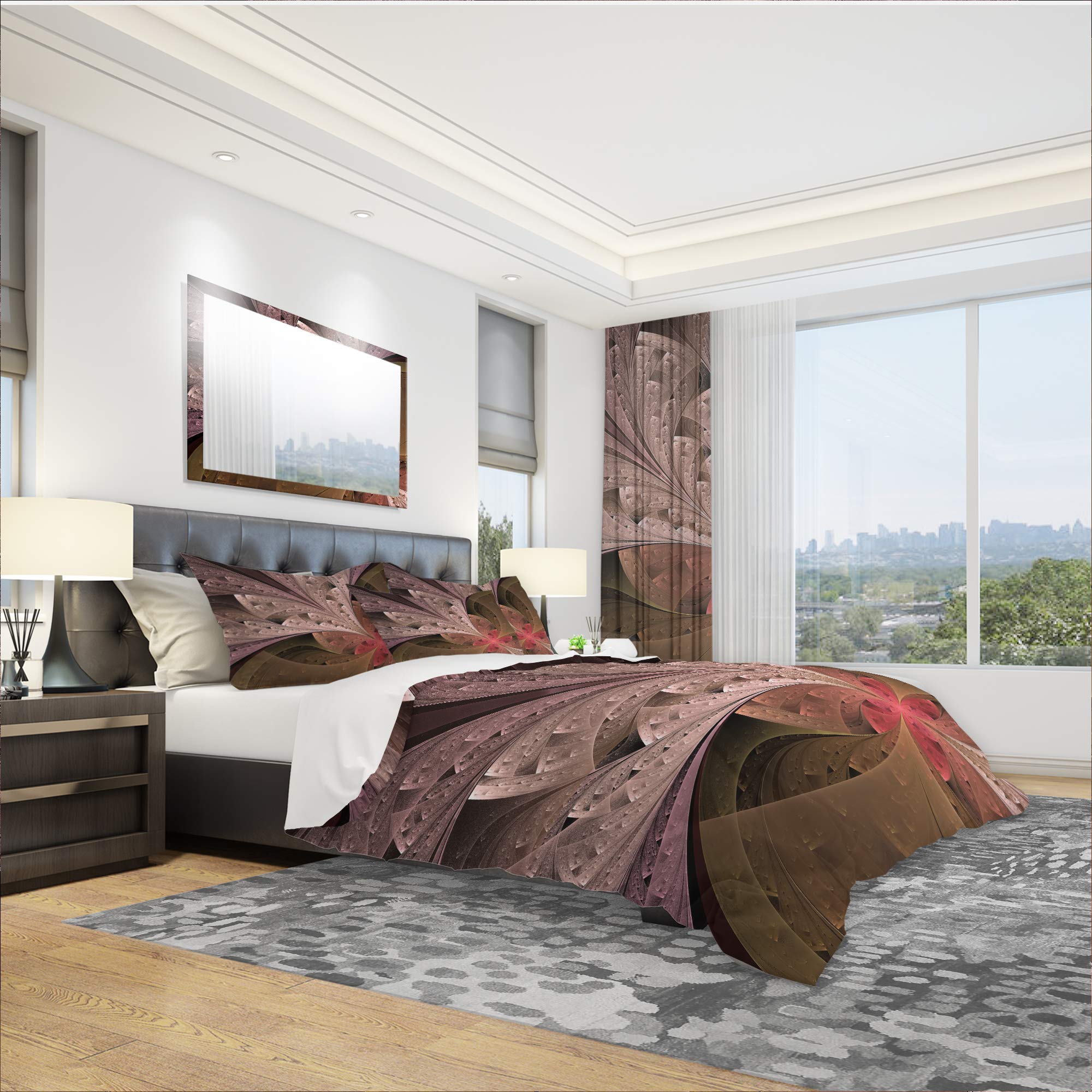 DesignQ Beige Fractal Flower Duvet Cover Set - Twin Size Brown Coastal Bedding, 3-Piece Floral Comforter Set for All Seasons | Perfect for Beach House, Guest Room & Nautical Themed Bedrooms