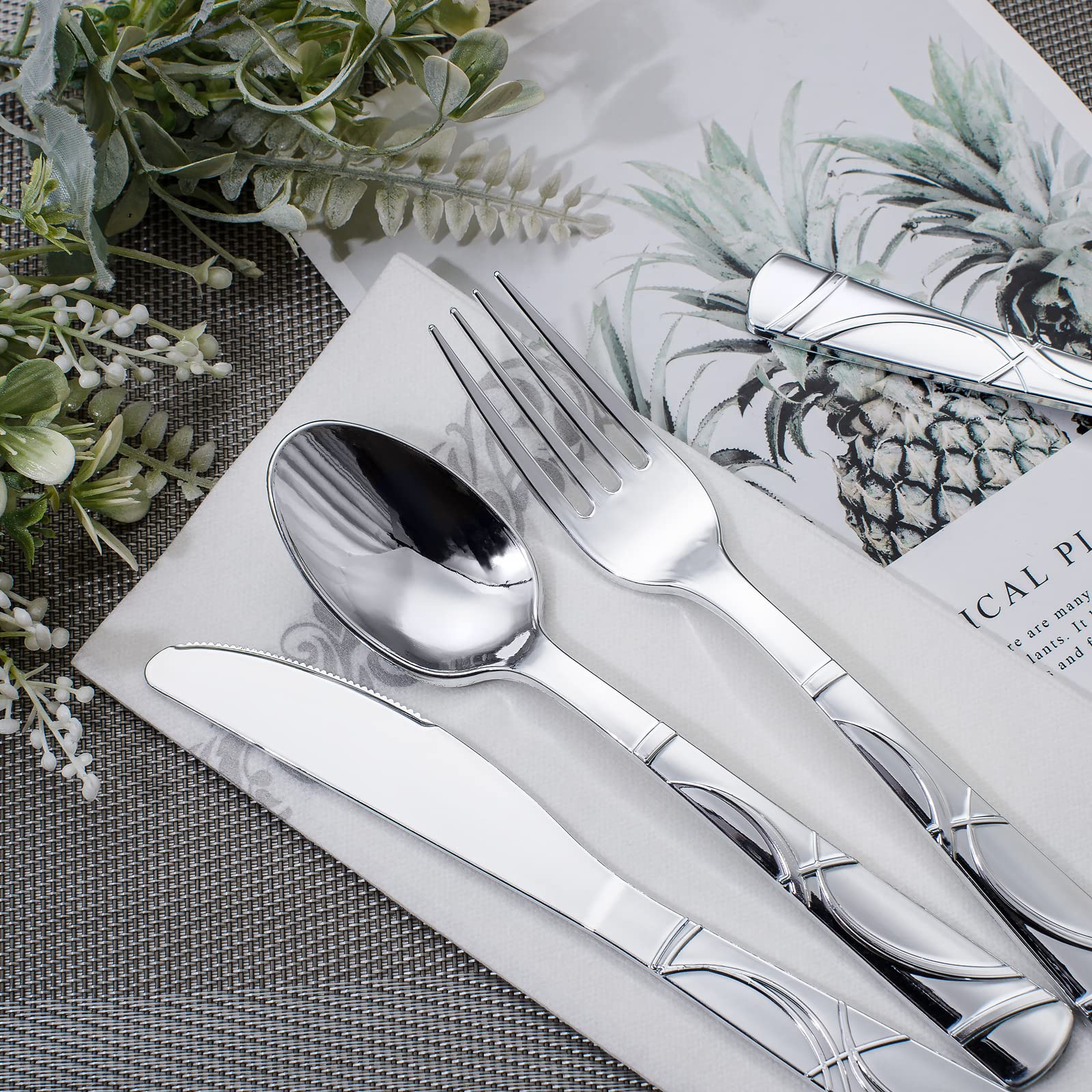 MirthMood 180-Piece Silver Plastic Cutlery Set - Disposable Silverware for Parties, Events & Holidays (60 Forks, 60 Knives, 60 Spoons) - Elegant Plastic Flatware for New Year Celebrations, Weddings, BBQs & Catering