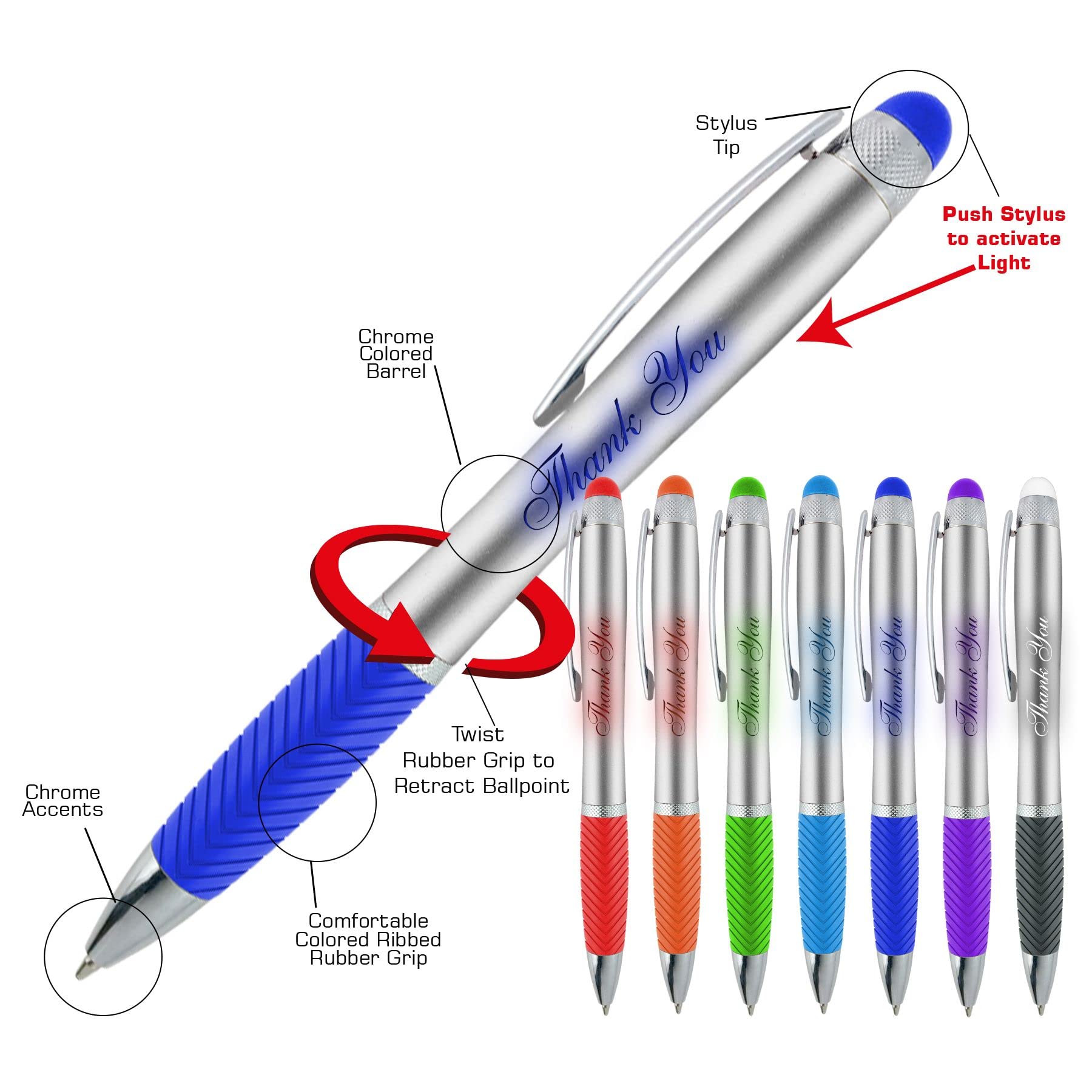 80 Pack Bulk Personalized Pens with Free Laser Engraving - 3-in-1 Ballpoint Pen, Stylus & LED Light - Custom Business Name, Text, Logo or Gift Message - Perfect for Corporate Events, Promotions, Trade Shows & Party Favors (Blue)