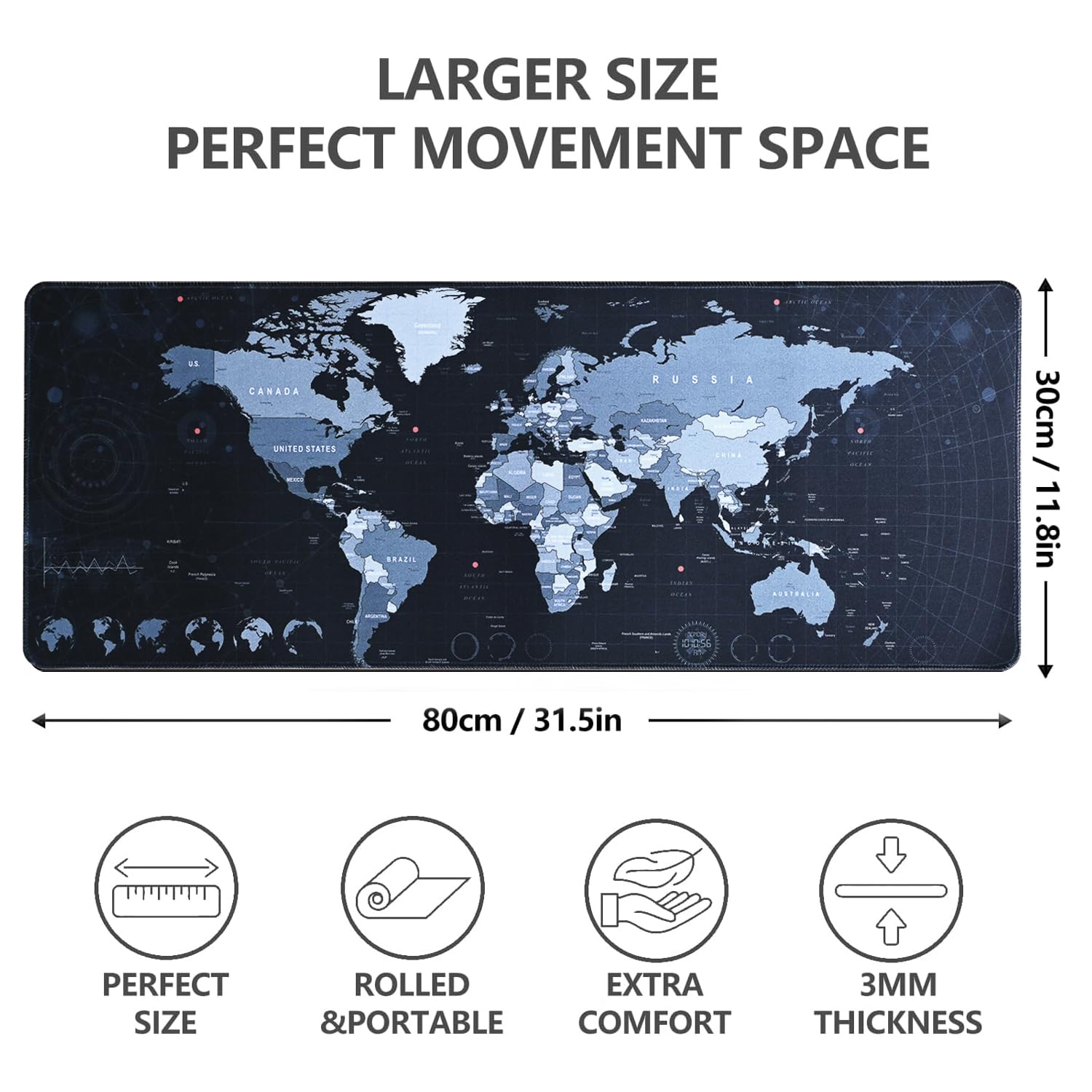 World Map Gaming Mouse Pad XL XXL (31.5 x 11.8in) - Large Non-Slip Waterproof Rubber Desk Mat for Keyboard & Mouse - Perfect for PC Gaming, Office Work & Home Computer Setup