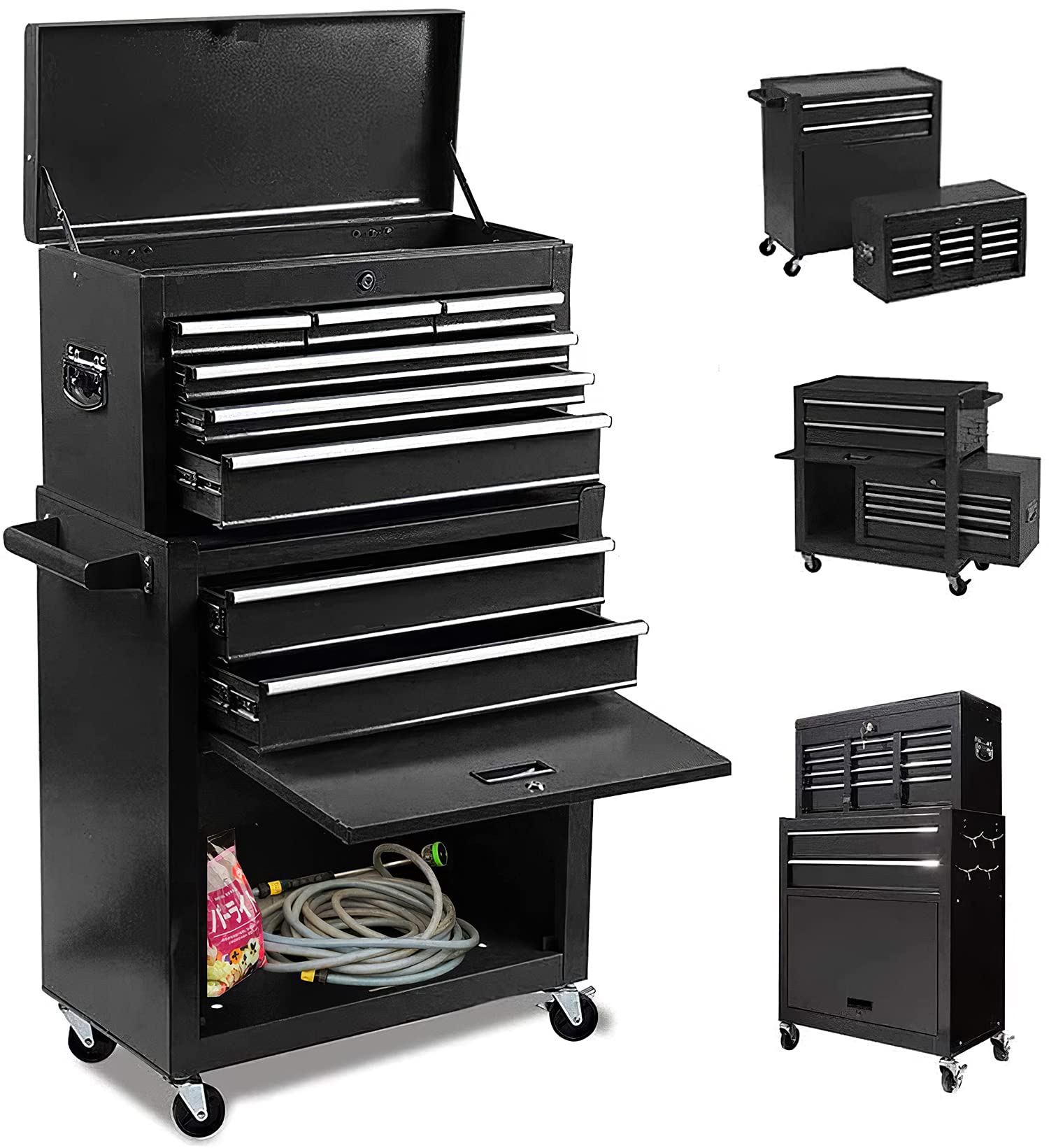 8-Drawer Rolling Tool Chest Organizer - Heavy Duty Tool Storage Cabinet with Lock & Wheels, Portable Tool Box for Garage, Workshop, Warehouse, Auto Repair & DIY Projects (Black)