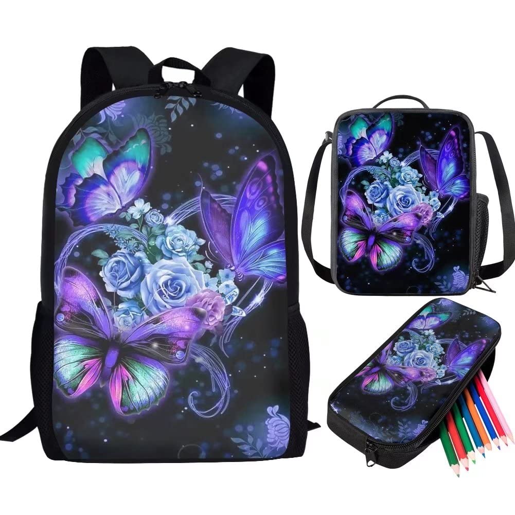 Youngerbaby Purple Rose Butterfly Kids Backpack Set for Girls - School Backpack with Lunch Bag & Pencil Case - Perfect for School, Travel & Daily Use
