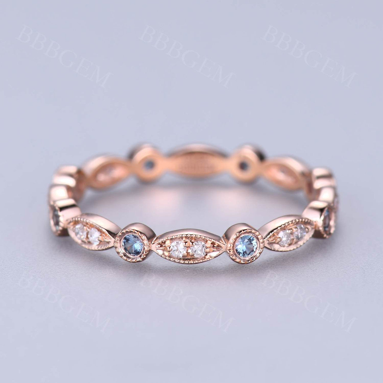 Exquisite Marquise & Round Alexandrite Diamond Wedding Ring - 14K Rose Gold Milgrain Half Eternity Band for Women | Perfect Anniversary Gift, Engagement Ring & Bridal Jewelry for Special Occasions