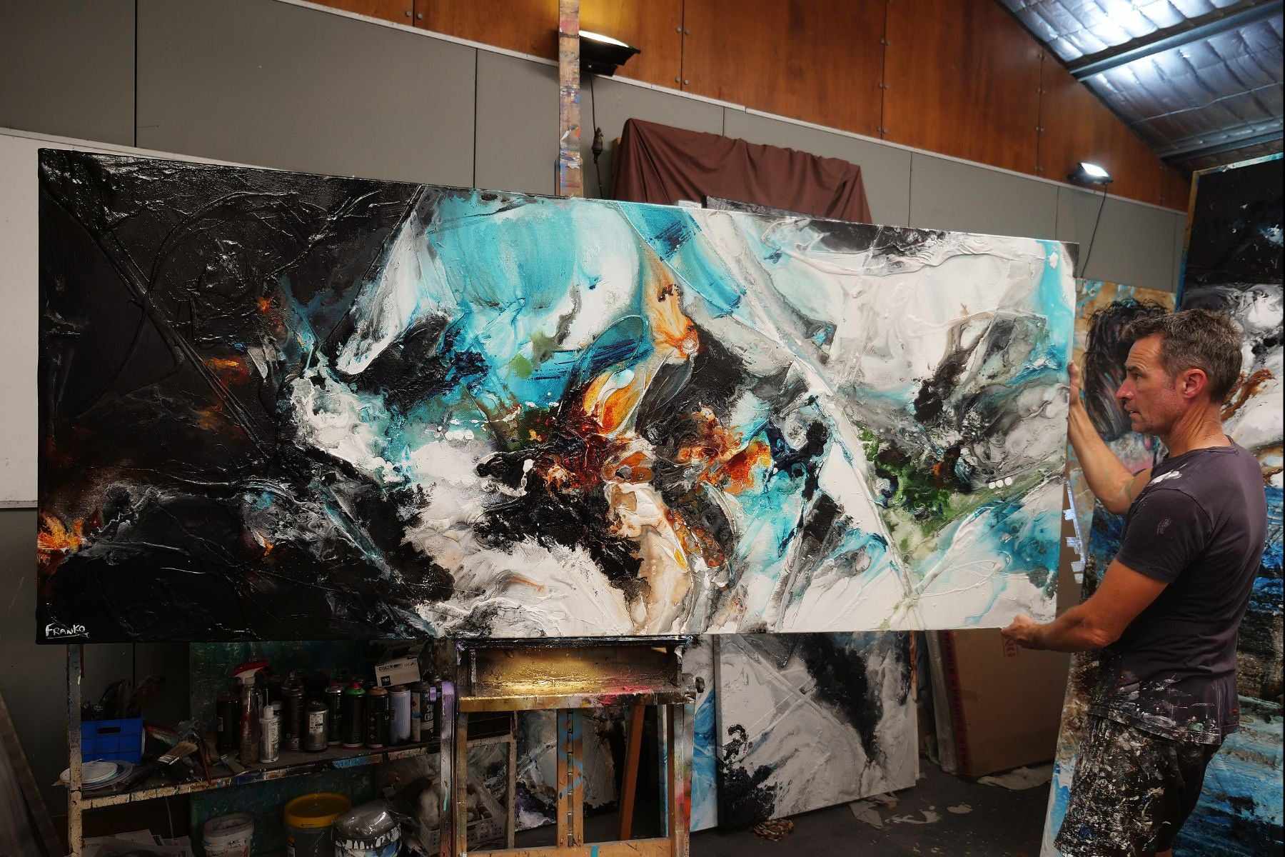 240cm x 100cm Teal Black White Textured Abstract Canvas Wall Art - Modern Home Decor for Living Room, Bedroom & Office | Large Contemporary Painting
