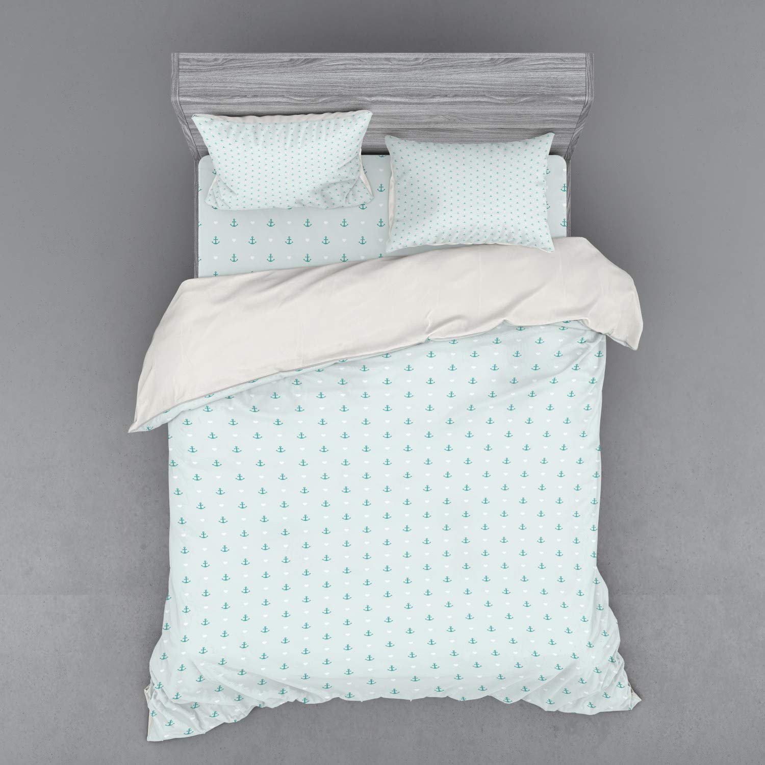 Ambesonne Anchor Bedding Set - Romantic Ocean Themed 3-Piece Queen Size Duvet Cover with Sham & Fitted Sheet, Small Anchors & Hearts Design for Coastal Bedroom Decor | Perfect for Beach House, Vacation Rental or Nautical Theme Bedroom