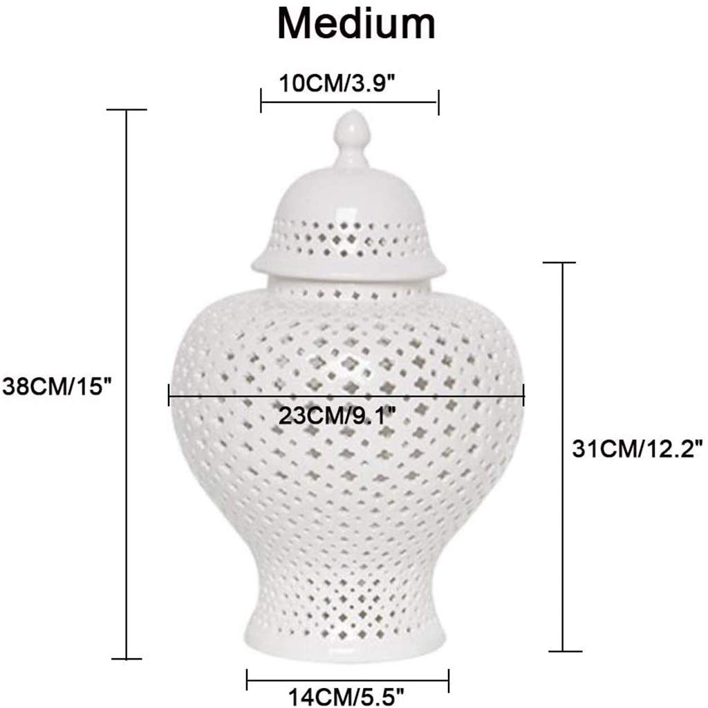 White Traditional Chinese Lattice Ginger Jar with Lid - Carthage Pierced Porcelain Lantern - Home Decor & Asian Style Collectible (19cm) - Perfect for Living Room, Dining Table & Feng Shui Display
