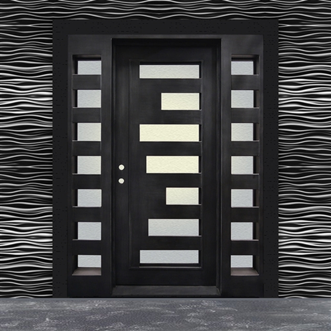 Aleko Matte Black Iron Square Top Geometric Embossed Single Door with Frame and Threshold - 81 x 62 x 6 Inches - Modern Security Door for Home Entry, Patio, or Garage - Rust-Resistant & Durable Exterior Door