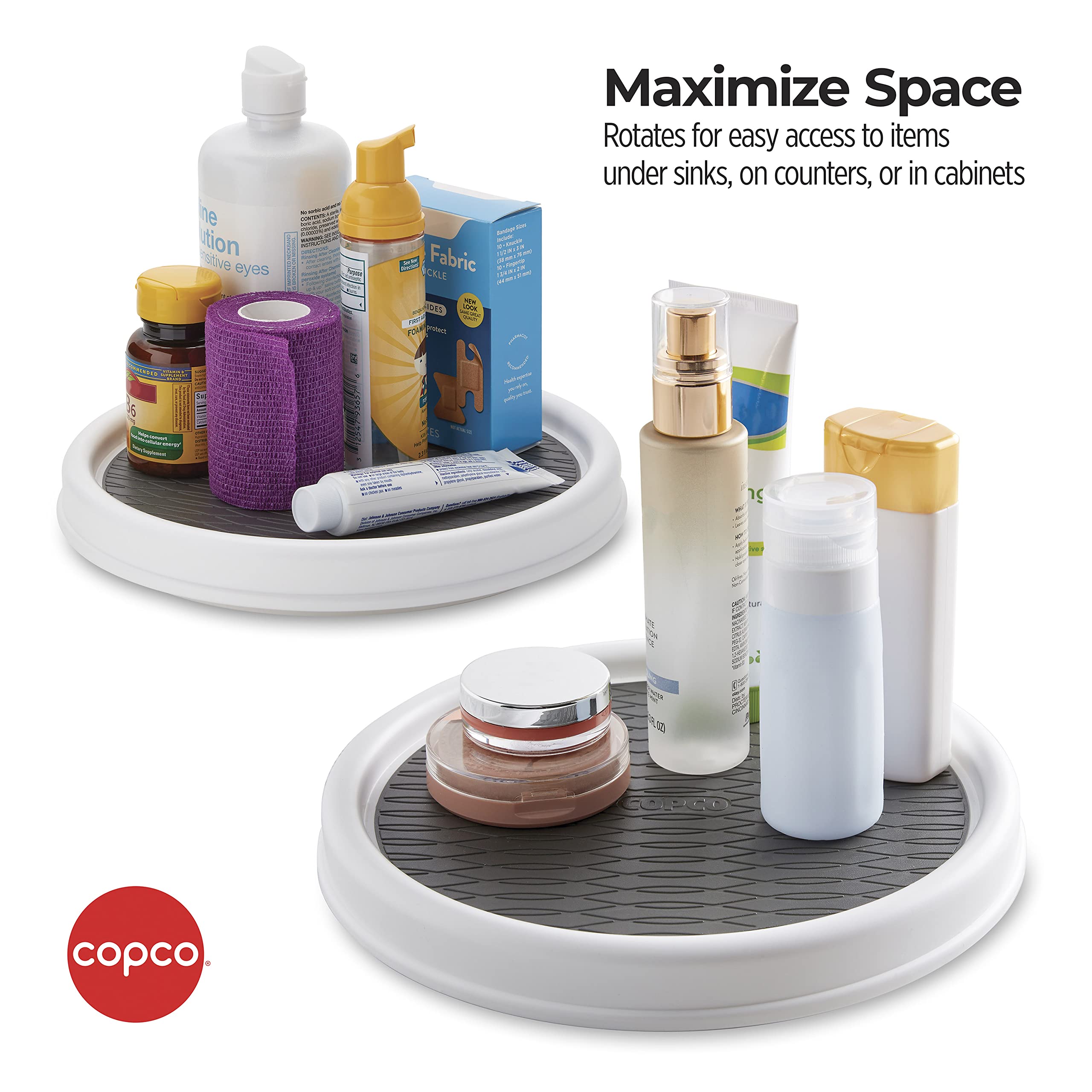 Copco 9-Inch Non-Slip Lazy Susan Turntable for Pantry & Kitchen Cabinet - 2-Pack White & Gray Spinning Organizer - Perfect for Spices, Condiments & Storage Organization