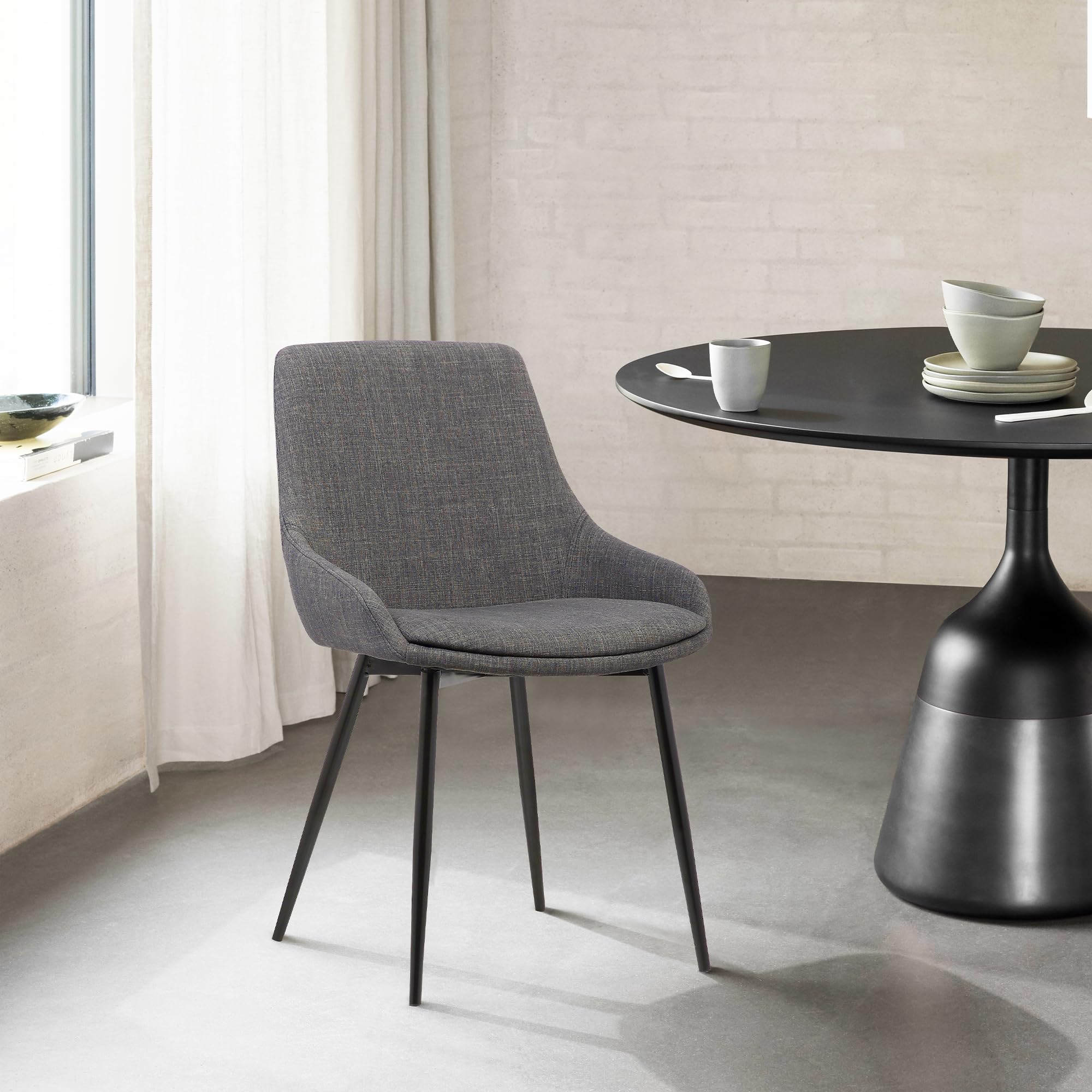 Armen Living Mia Mid Century Modern Dining Chair - Charcoal Fabric & Black Metal - Perfect for Kitchen, Dining Room, Office Desk & Vanity | Stylish Accent Side Chair for Home Decor