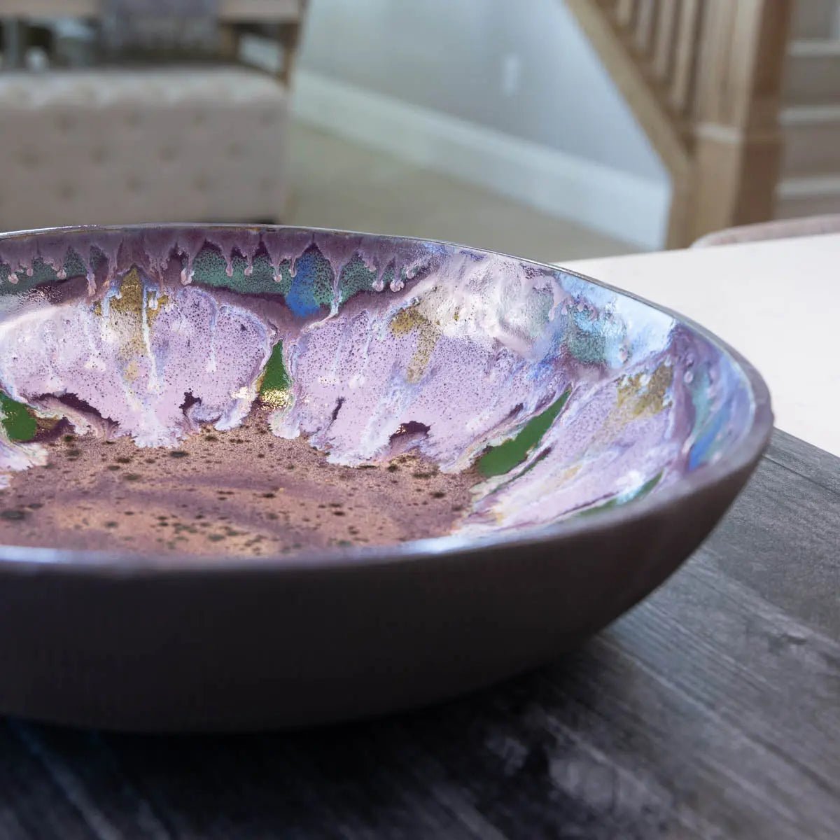 XXL Dark Chocolate Stoneware Serving Bowl - Purple Floral Design (Alchemy Collection) - Perfect for Holiday Entertaining, Wedding Centerpieces & Home Decor