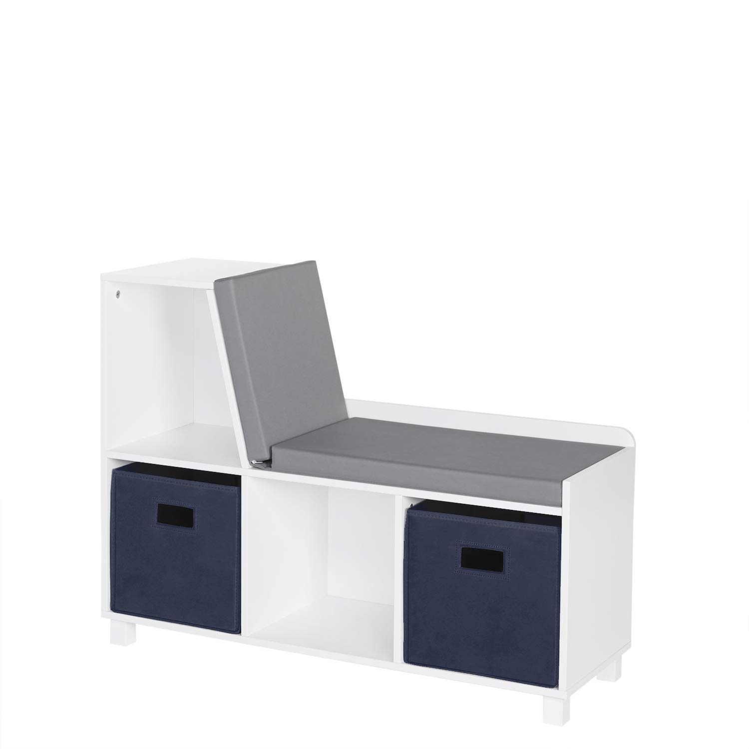 RiverRidge Kids Book Nook Storage Bench - White Toy Organizer with Navy Bins, Comfy Cushioned Seat & Reading Nook - Perfect for Bedroom, Playroom, and Classroom Organization