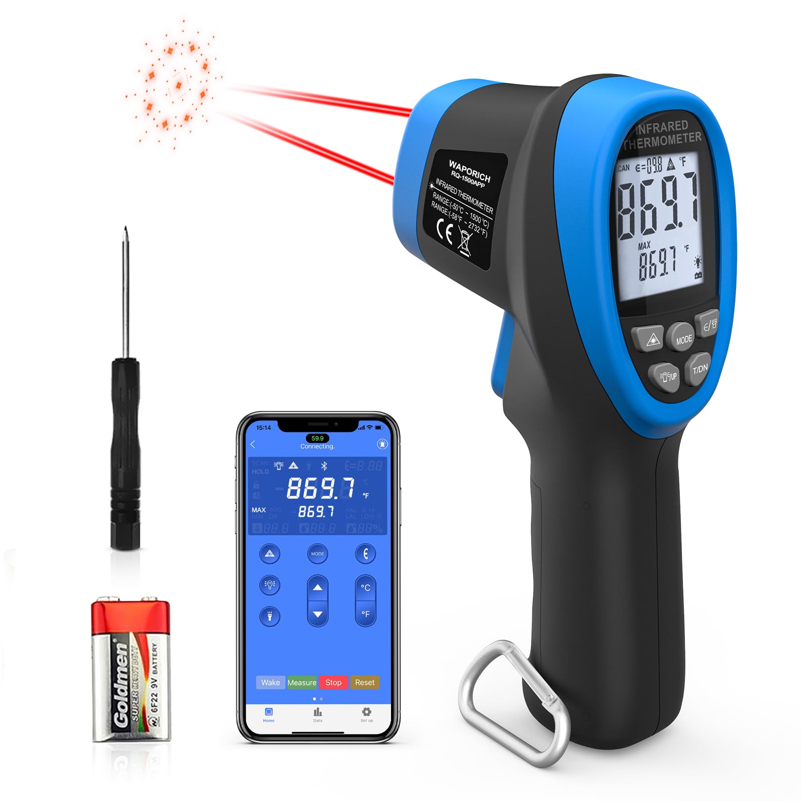 Non-Contact Infrared Thermometer Gun 30:1 Ratio -58°F to 2732°F (-50°C~1500°C) with Mobile App for Pizza Ovens, Kilns, Forges, Metalworking & HVAC - RQ-1500APP Industrial Temperature Gun (Not for Human Use)