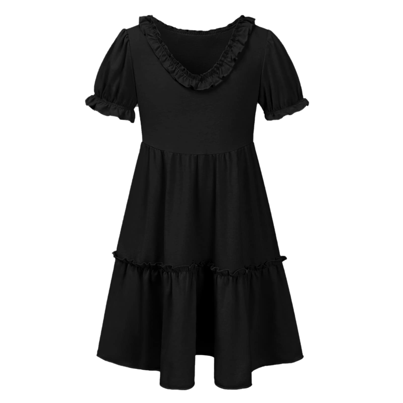 QPANCY Girls Short Puff Sleeve Summer Dress - V-Neck Ruffle Party Outfit for Kids | Perfect for Birthday, Photo Shoots & Special Occasions