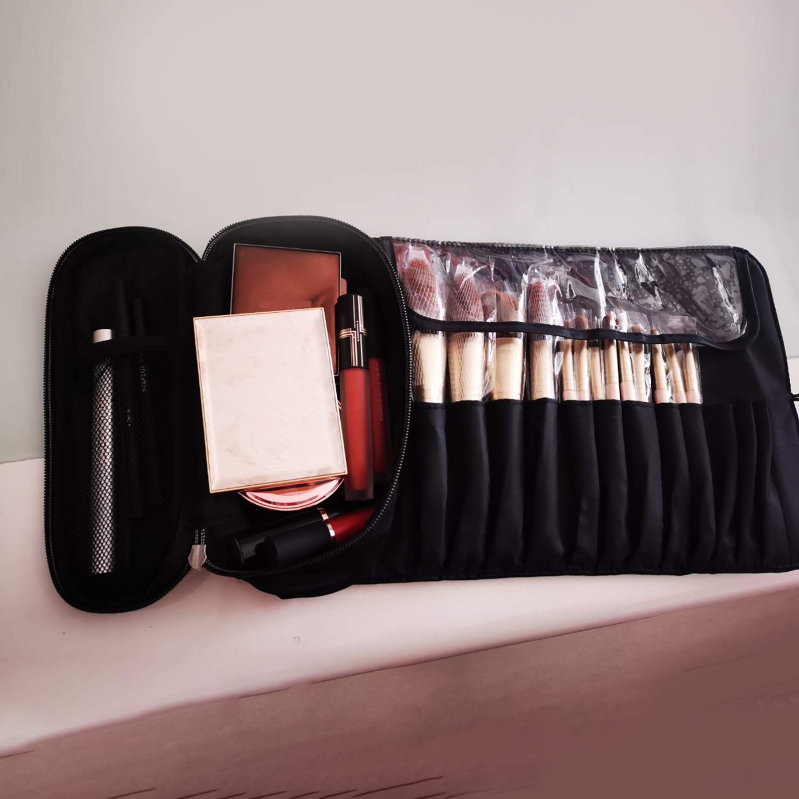 Professional Makeup Brush Organizer Bag - Waterproof Travel Cosmetic Pouch with Roll-Up Design, Portable Makeup Case for Women (Blue) | Perfect for Travel, Home Storage & On-The-Go Makeup Artists
