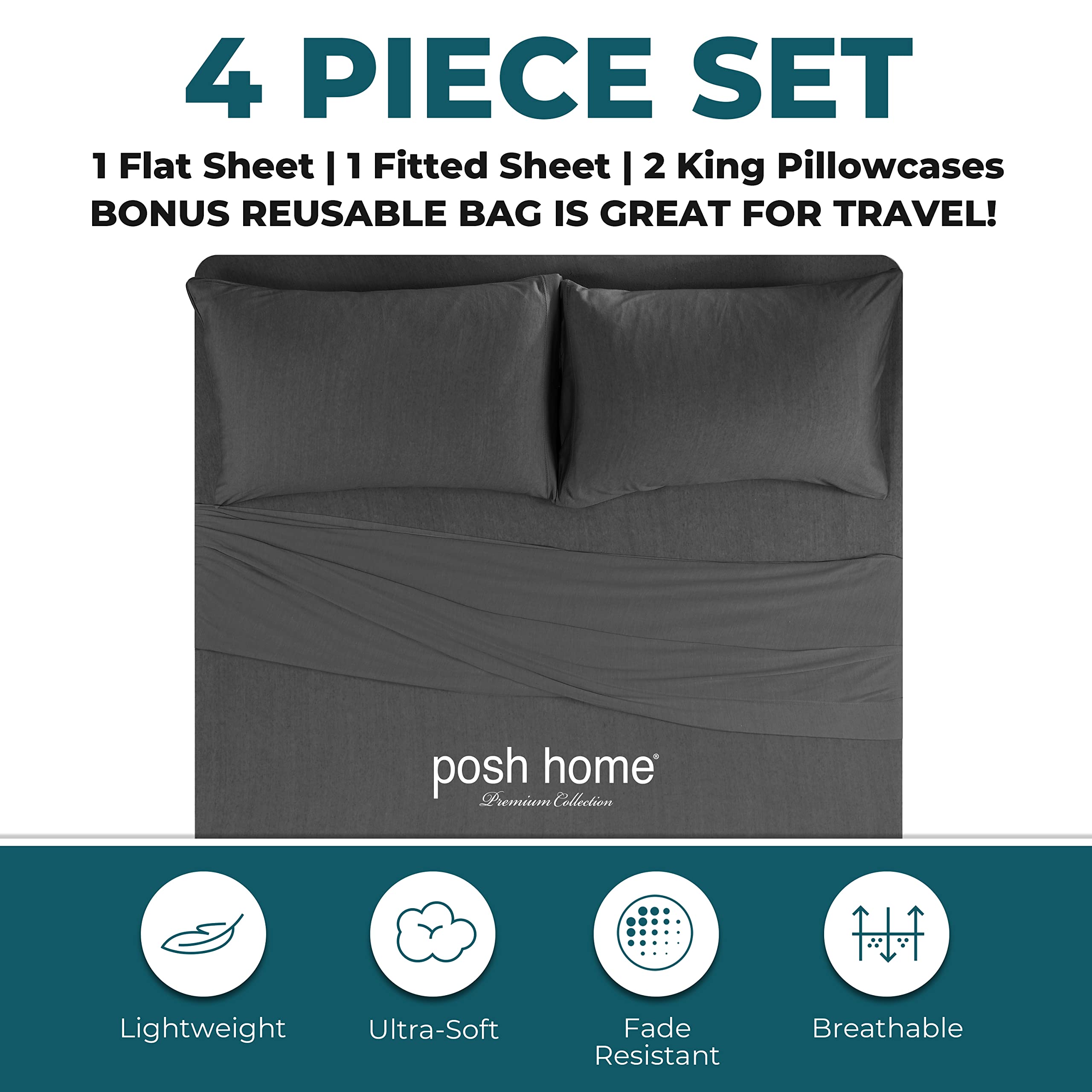 Posh Home Jersey Knit Sheet Set – 4-Piece Soft Cotton Jersey Bed Sheets for King Size Beds – Breathable T-Shirt Material Includes Flat Sheet, Fitted Sheet & 2 Pillowcases – Perfect for All-Season Comfort in Gray | Ideal for Cozy Nights, Guest Rooms & Modern Bedrooms