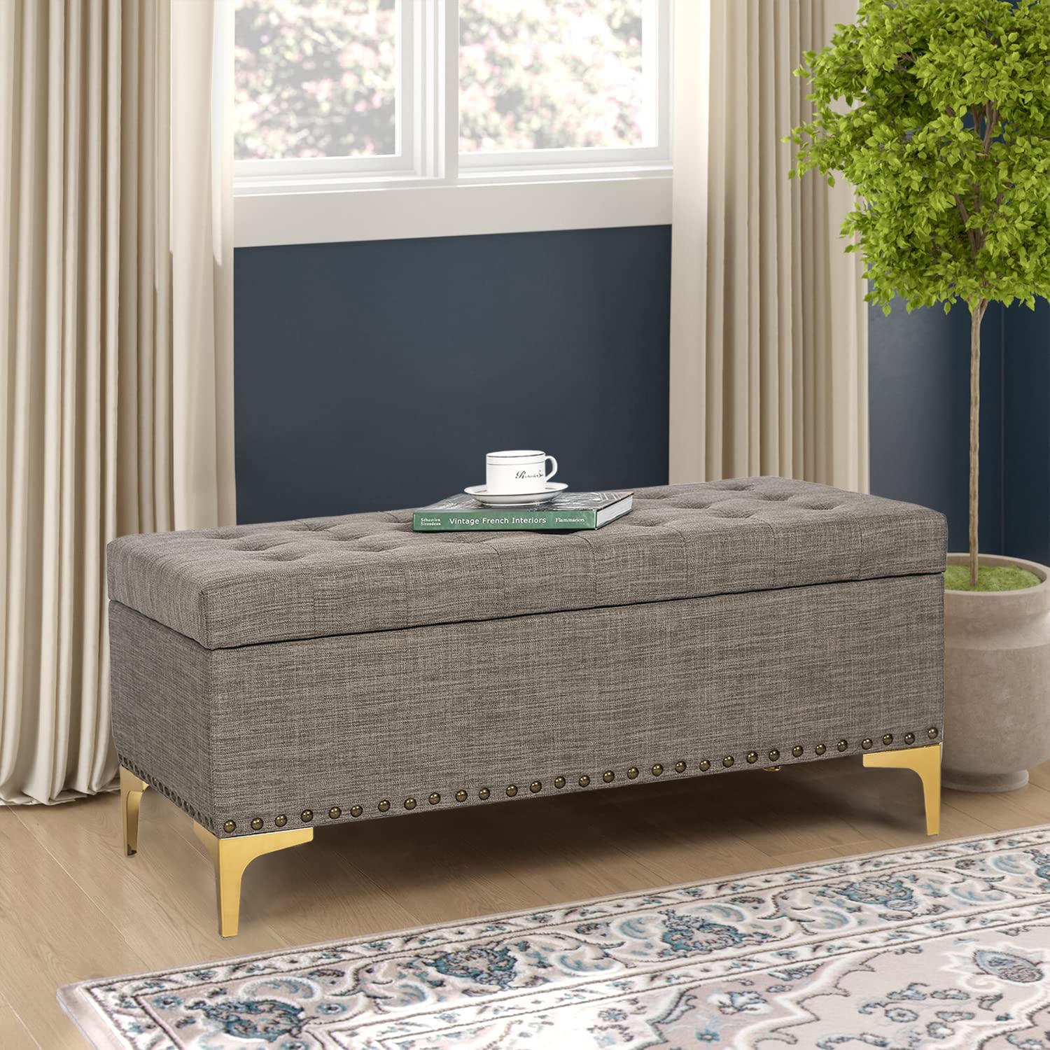 Adeco Tufted Rectangular Storage Ottoman Bench with Lift Top & Sturdy Metal Legs - Dark Grey Footstool for Living Room, Bedroom, or Entryway Storage