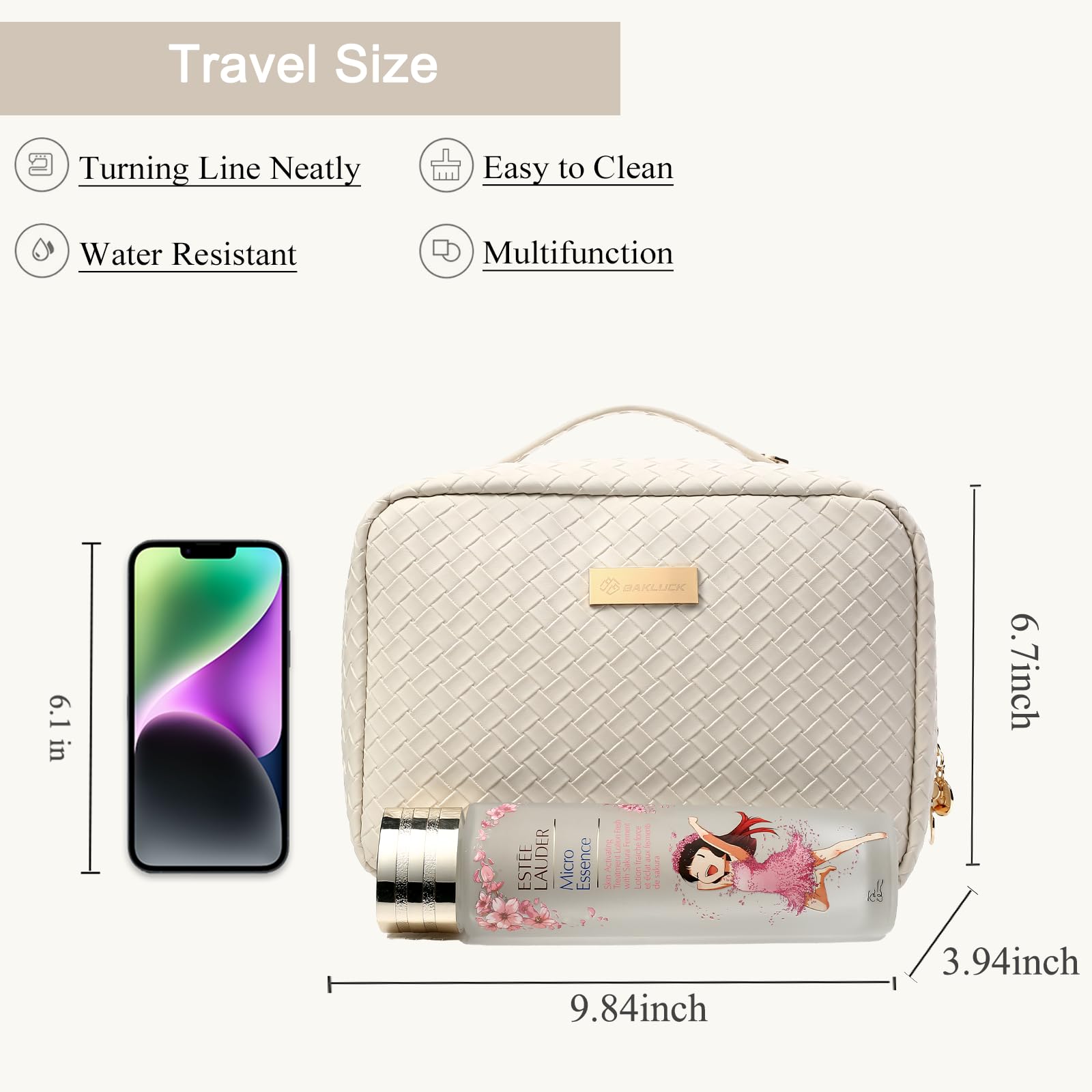 Large Capacity Travel Makeup Bag - Clear Double-Sided Checkered Cosmetic Organizer with Brush Compartments | Waterproof PU Leather Makeup Case for Women (Beige) | Perfect for Air Travel, Gym & Daily Beauty Essentials