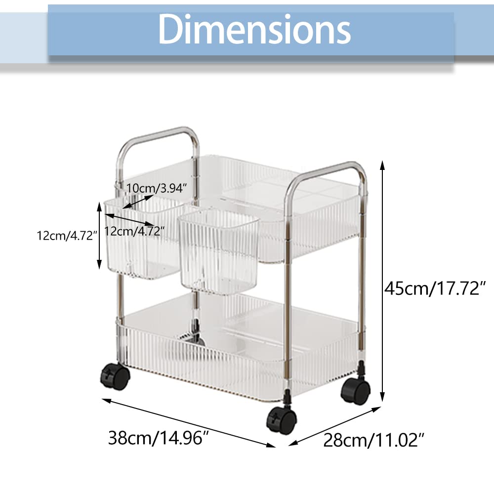 2-Tier Rolling Cart with Wheels - Mobile Storage Organizer for Office, Home & Kitchen - Under Desk Trolley with Handle & 2 Hanging Baskets - Perfect for Small Spaces, Dorm Rooms & Craft Supplies (Transparent)