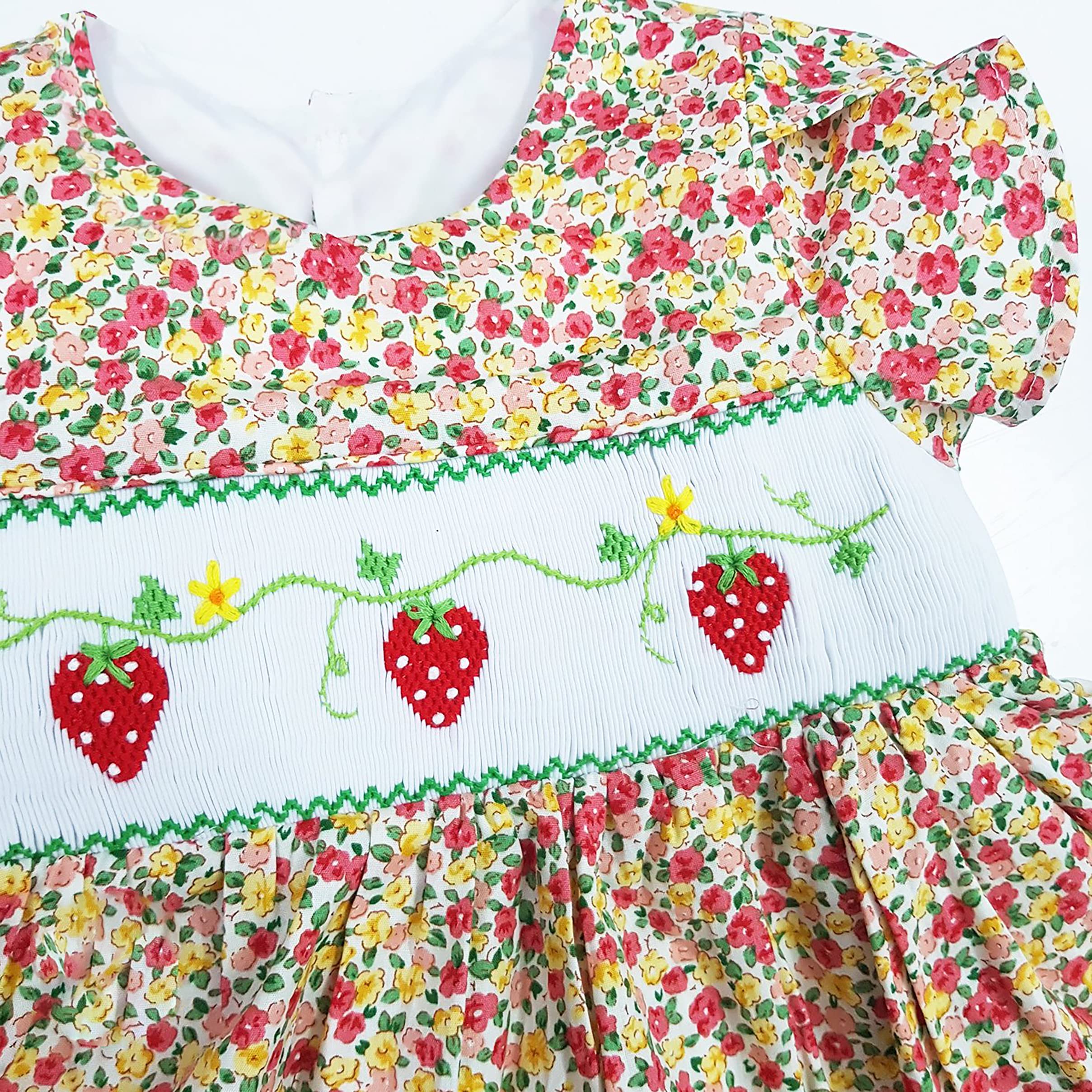 Adorable Strawberry Print Hand-Smocked Cotton Dress for Baby & Toddler Girls | 100% Woven Cotton | Perfect for Spring & Summer Outings, Birthday Parties & Photo Shoots