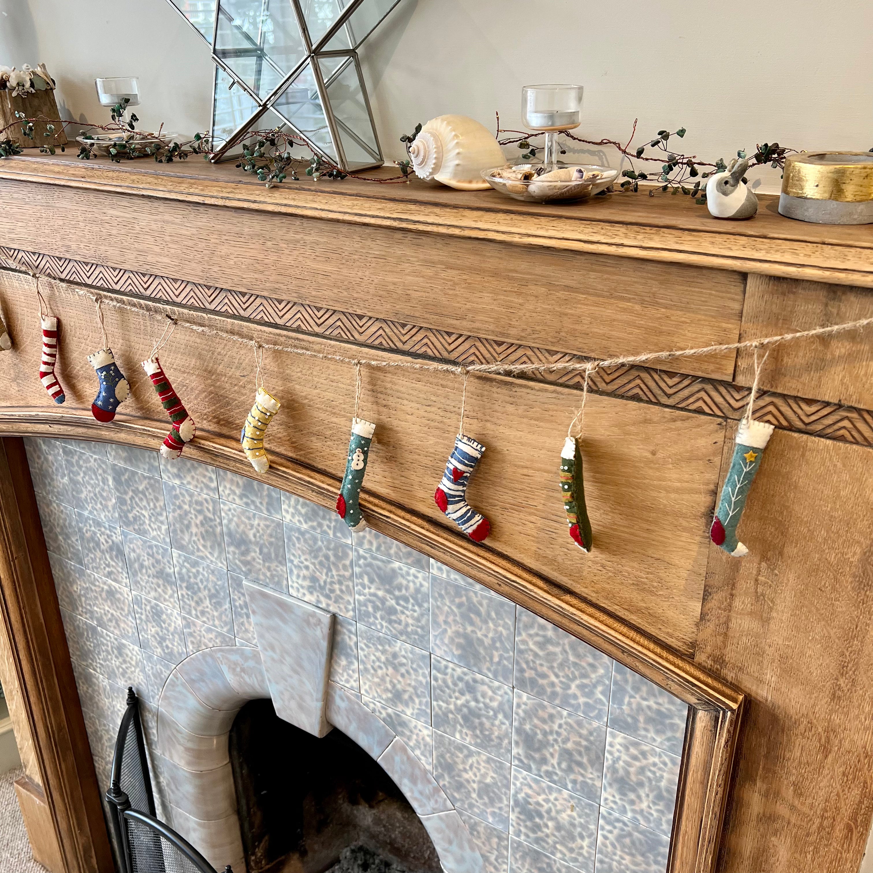 Hand Stitched Felt Stocking Garland - Christmas Tree Decorations, Holiday Fireplace Mantel Decor, Xmas Party Hanging Ornaments (Limited Stock)