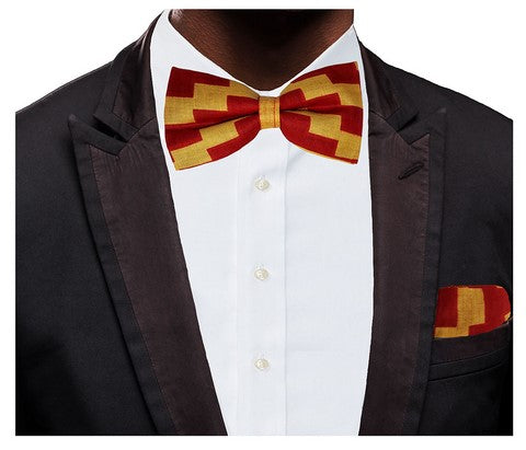 Stylish Deep Red & Beige African Kente Print Bow Tie DPIM035BT - Perfect for Weddings, Cultural Events & Formal Occasions