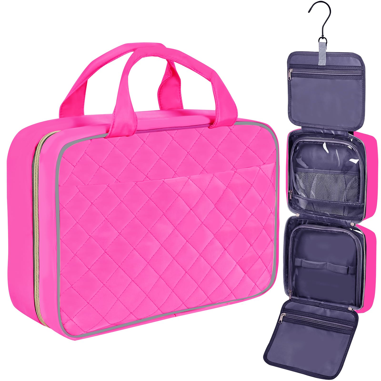 Hanging Travel Toiletry Bag for Women - Waterproof Cosmetic Organizer with Hook for Makeup & Accessories - Large Hot Pink Toiletry Bag (Ideal for Travel, Gym & Daily Use)