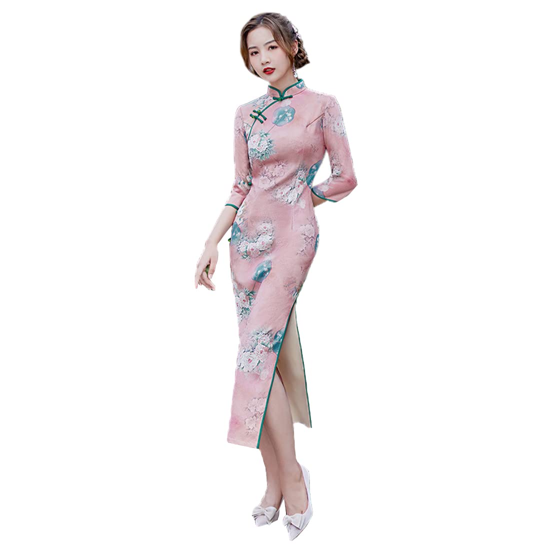 Elegant Women's Chinese Cheongsam Dress with 3/4 Sleeve Floral Print - Vintage Autumn Qipao Dress for Parties, Weddings & Cultural Events