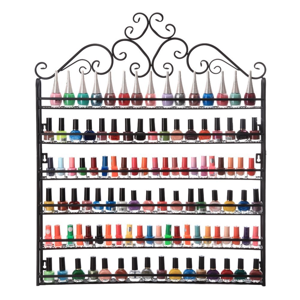 Dazone DIY Wall Mounted 6-Shelf Nail Polish Organizer - Holds 120 Bottles for Nail Polish or Essential Oils Storage (Black) - Perfect for Salon, Home Decor & Bathroom Organization